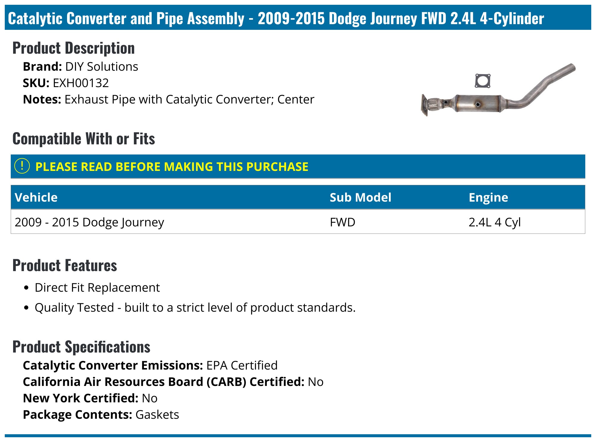 20092015 Dodge Journey Catalytic Converter DIY Solutions EXH00132