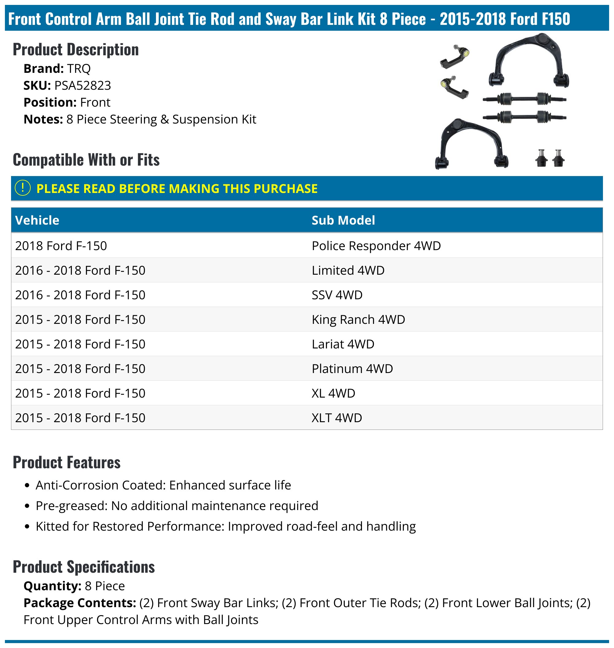 Front Control Arm And Ball Joint Tie Rod End Link Kit (8Pc) For 1998-2001 Ford F-150 4WD KTR-103683 | Best Buy Canada