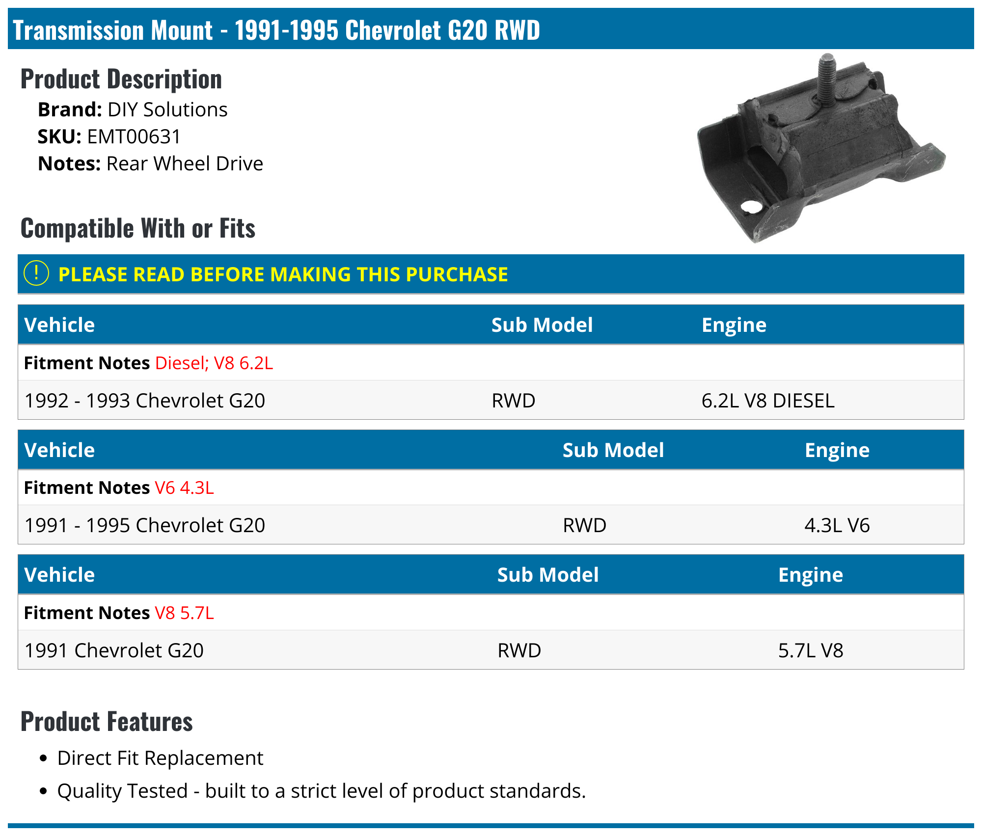 19911995 Chevrolet G20 Transmission Mount DIY Solutions EMT00631