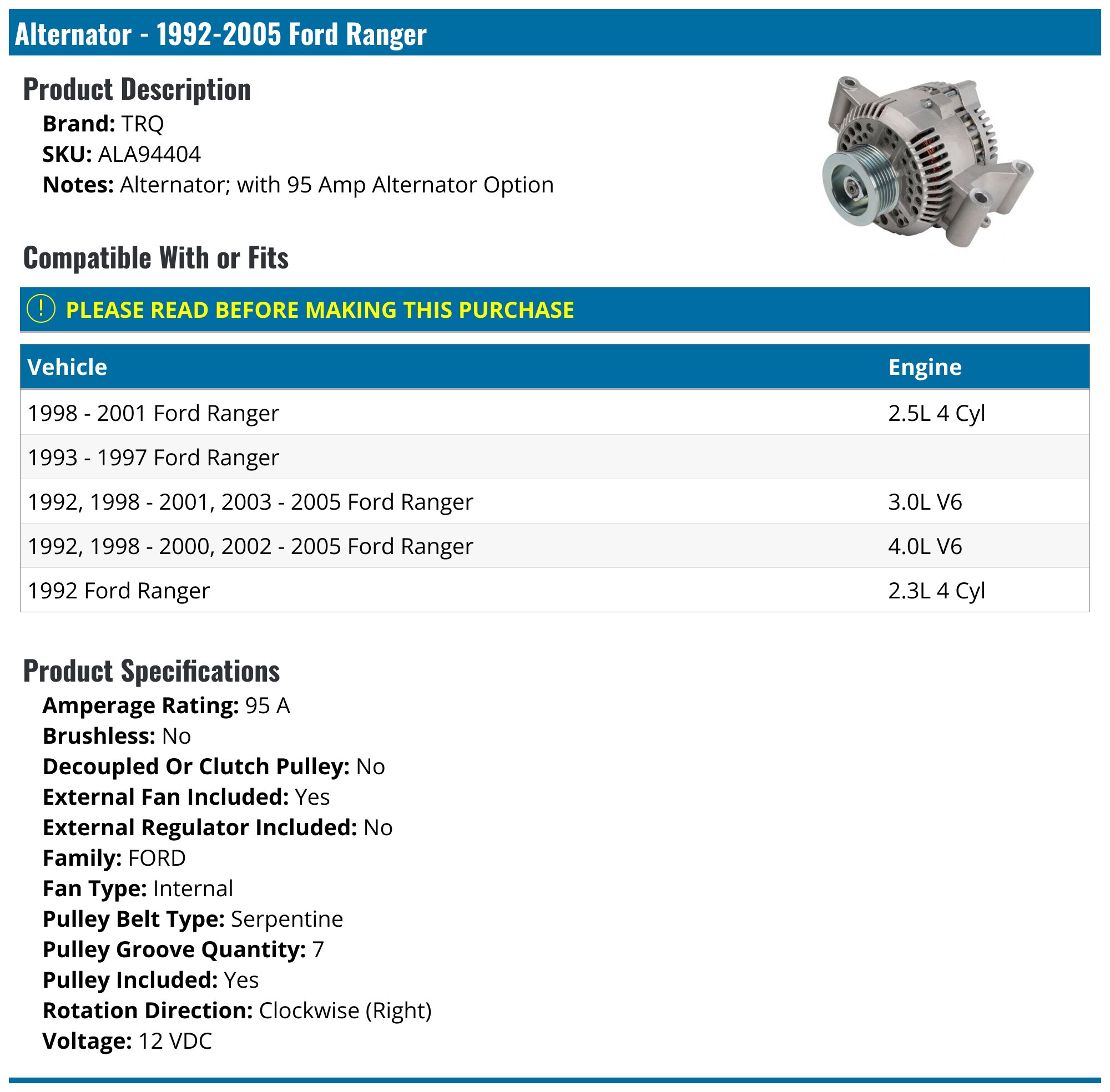 2004-2009 FORD EXPLORER MOUNTAINEER RANGER ALTERNATOR OEM VP4L2U-10316-AA OEM 2004-2009 FORD EXPLORER MOUNTAINEER RANGER ALTERNATOR OEM VP4L2U-10316-AA OEM