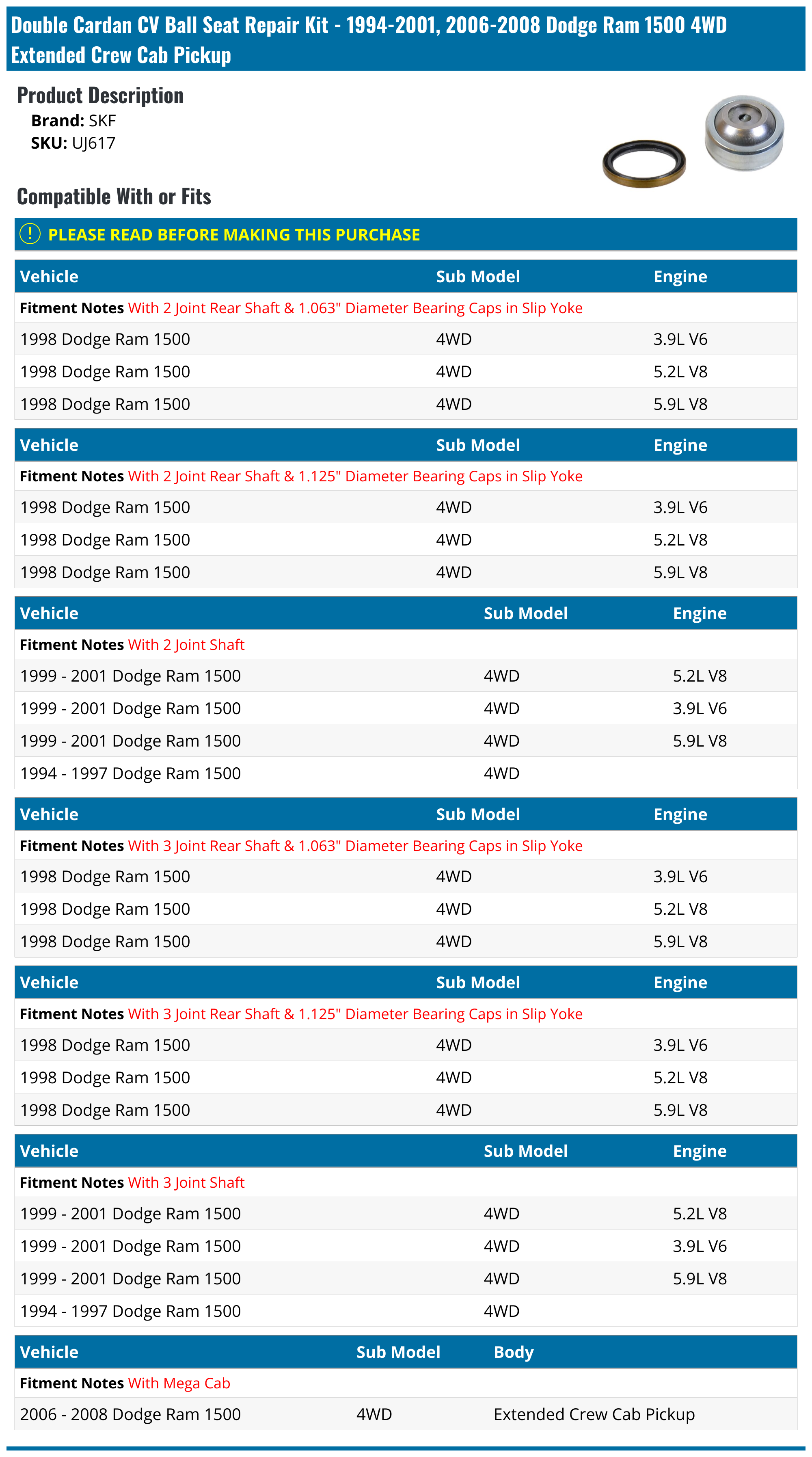 19942001, 20062008 Dodge Ram 1500 Double Cardan CV Ball Seat Repair