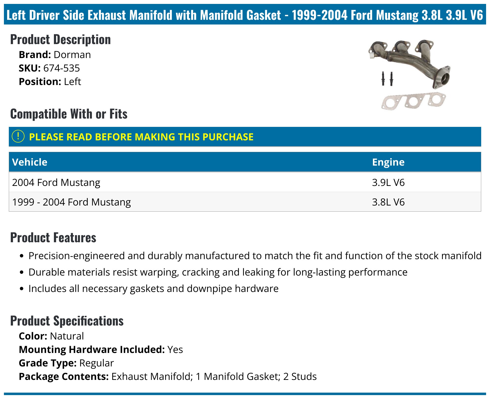 Left Side Exhaust Manifold With Gasket Kit For 1999-2004 Ford Mustang V6 (3.8L, 3.9L)
