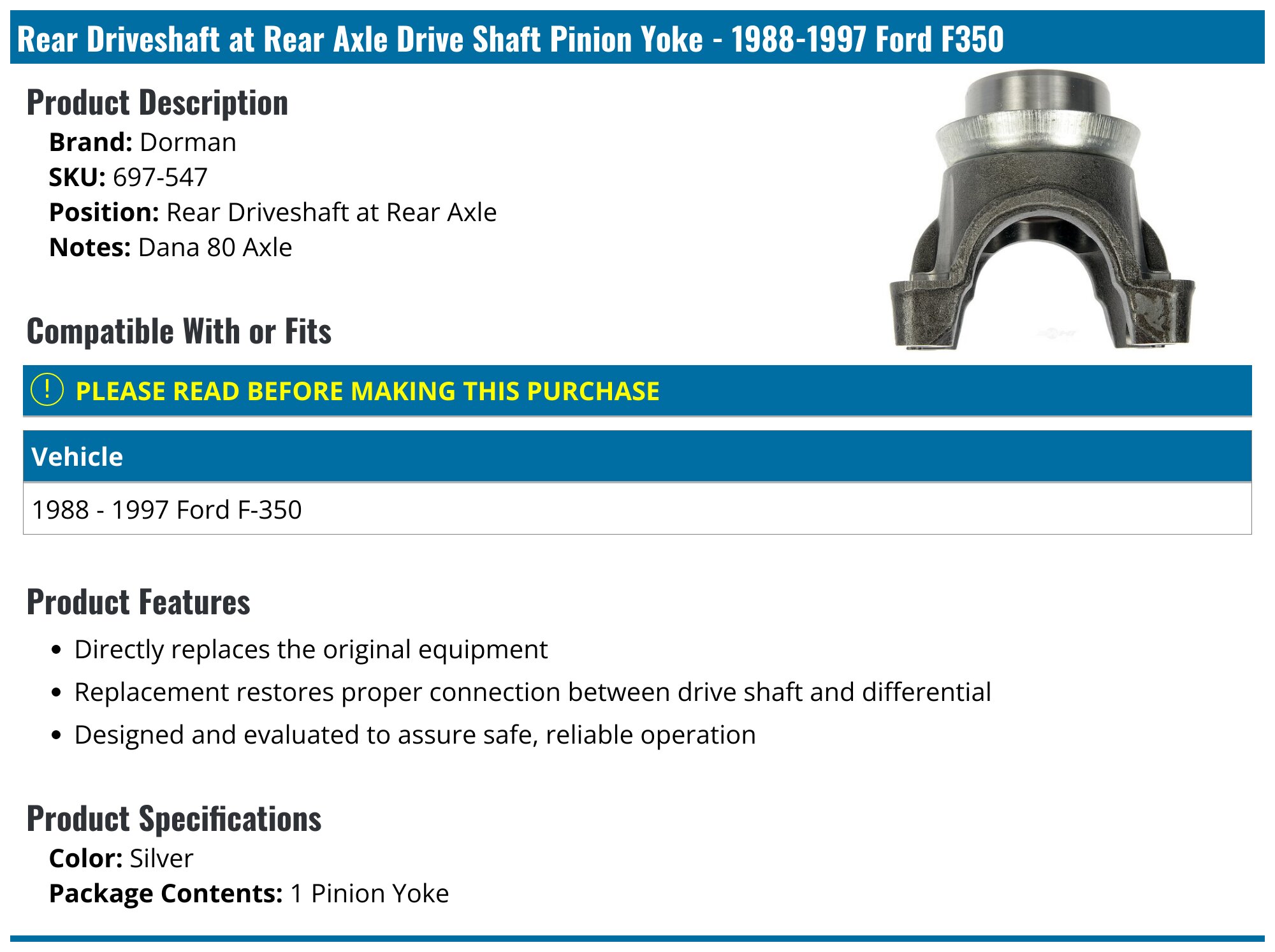 19881997 Ford F350 Drive Shaft Pinion Yoke Dorman 697547 Rear