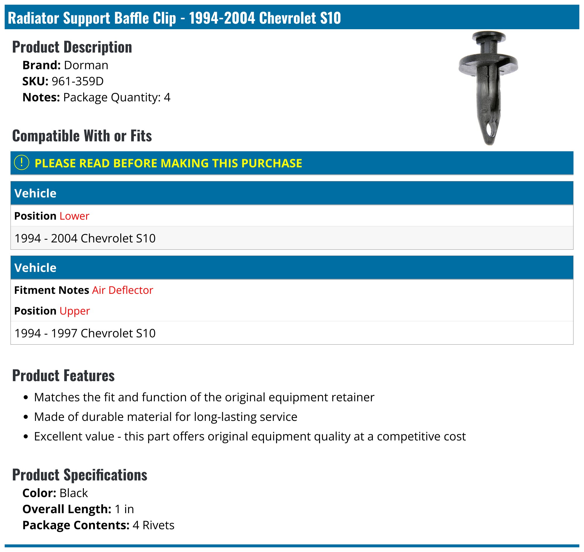 1994-2004 Chevrolet S10 Radiator Support Baffle Clip - Dorman 961-359D ...