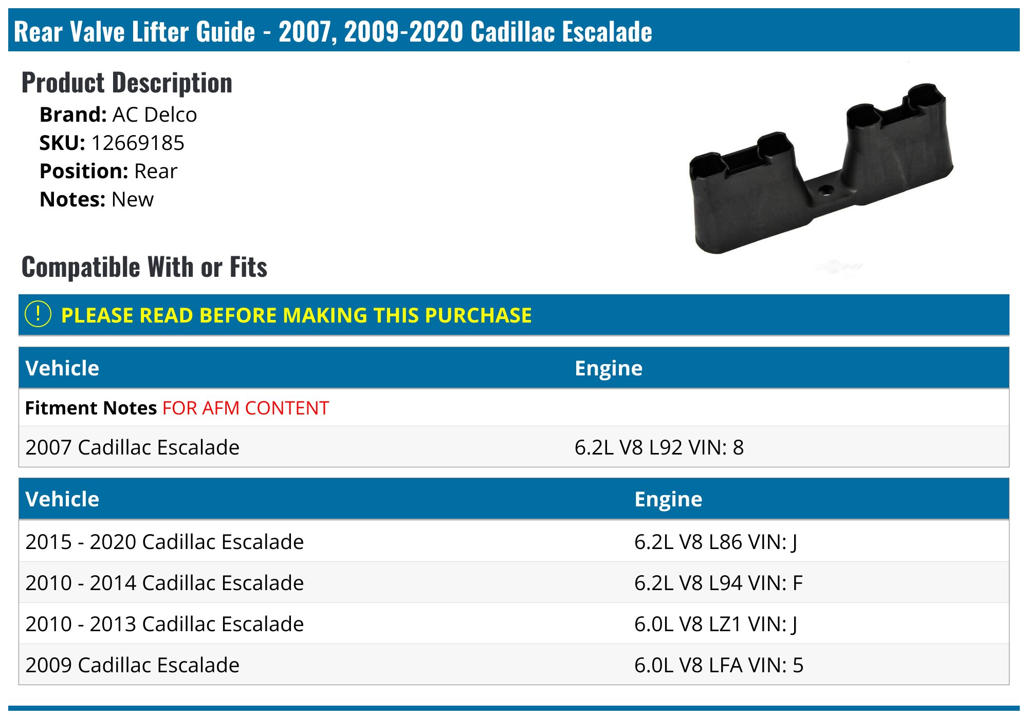 2007, 2009-2020 Cadillac Escalade Valve Lifter Guide - AC Delco ...