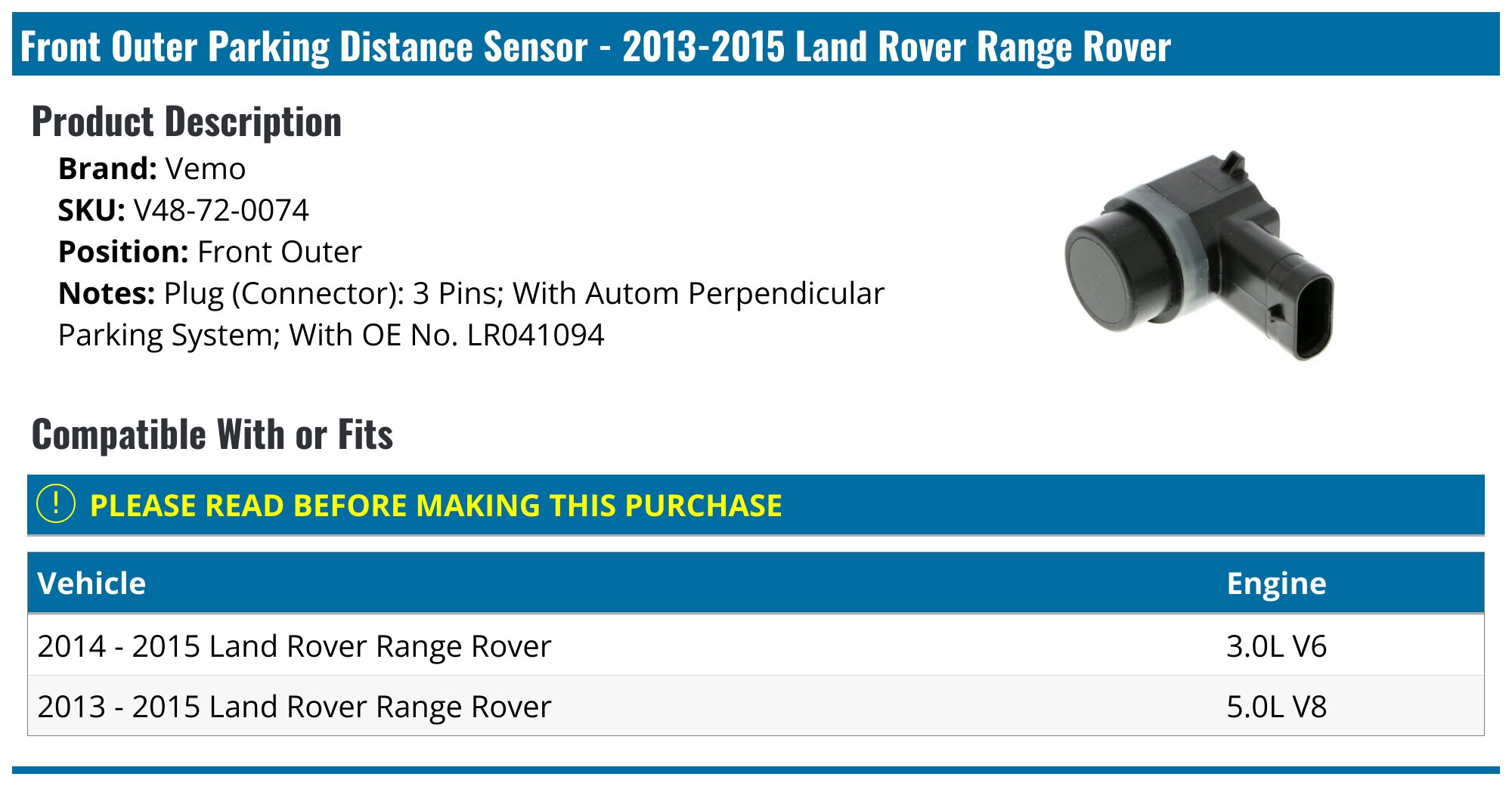 2013-2015 Land Rover Range Rover Parking Distance Sensor - Vemo V48-72 ...