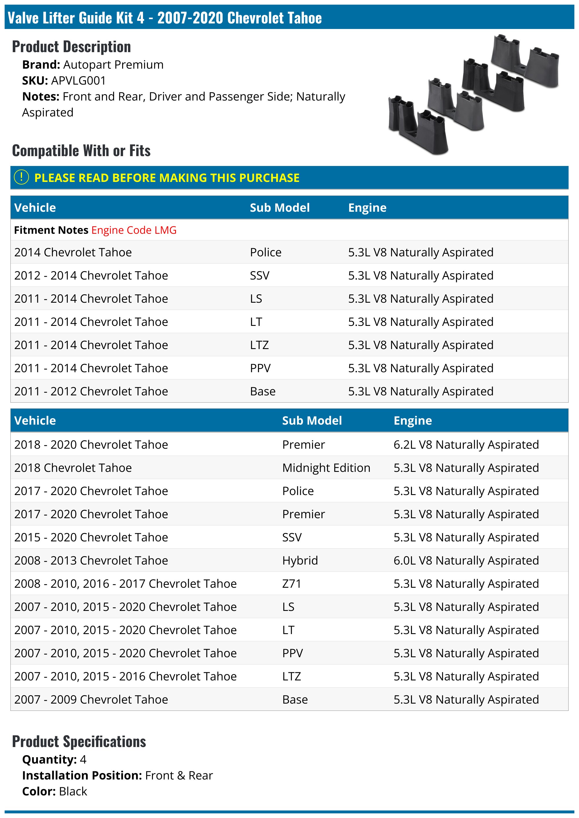 20072020 Chevrolet Tahoe Valve Lifter Guide Autopart Premium APVLG001