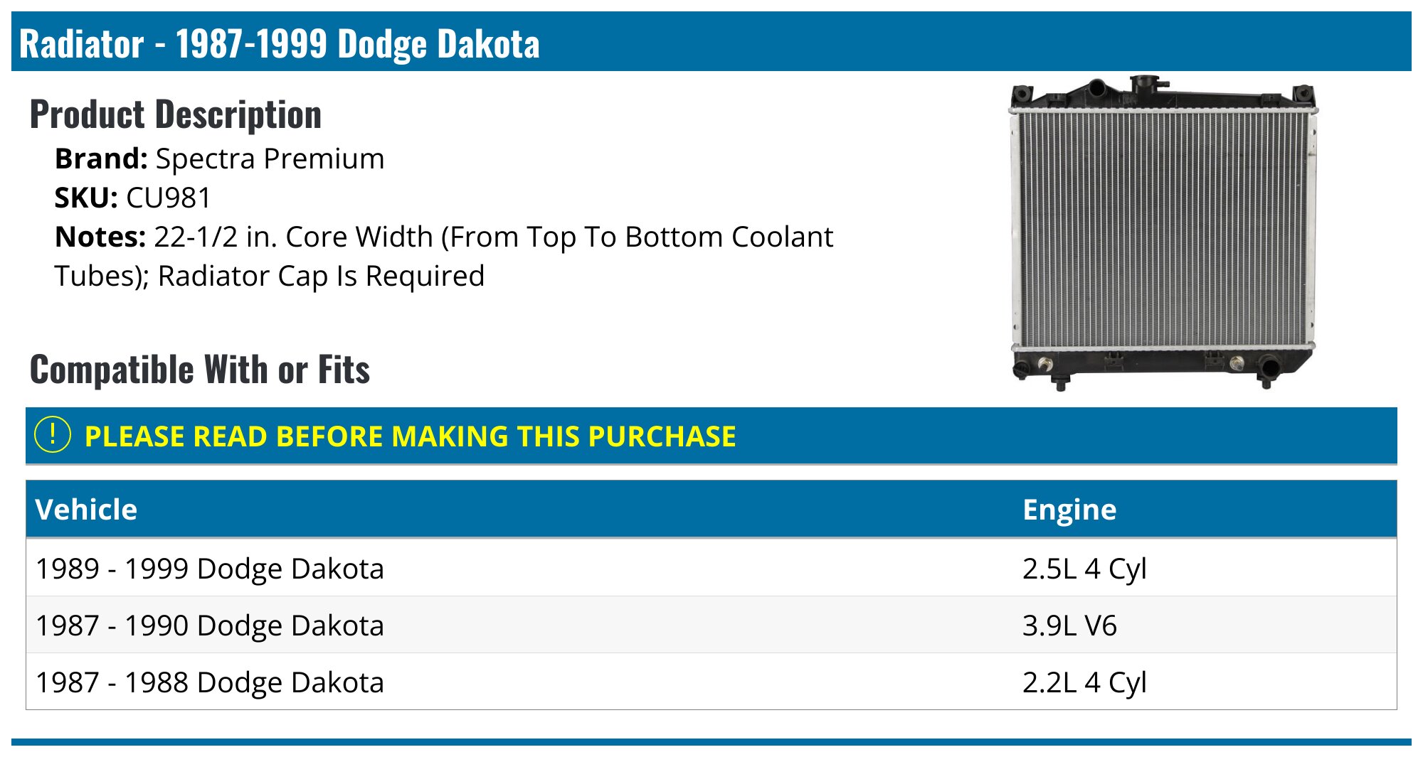 1987-1999 Dodge Dakota Radiator - Spectra Premium CU981 - PartsGeek.com