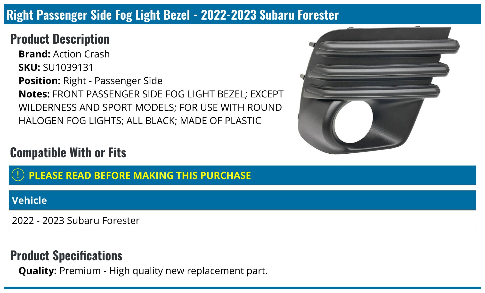 WolfX Fog Light Cover Bezel – Passenger Right Side For 2019-2021 Subaru Forester