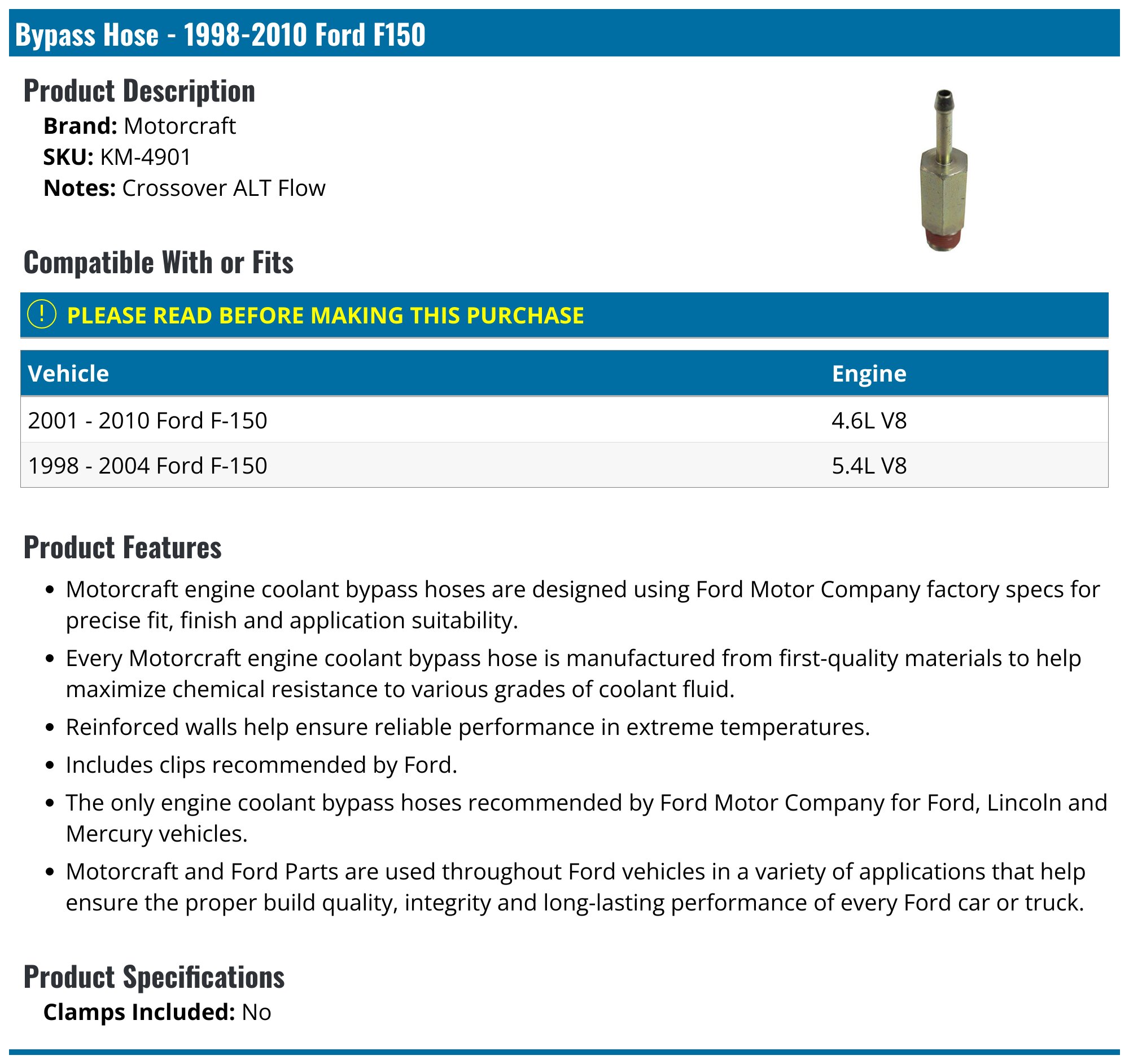 1998-2010 Ford F150 Bypass Hose Motorcraft KM-4901