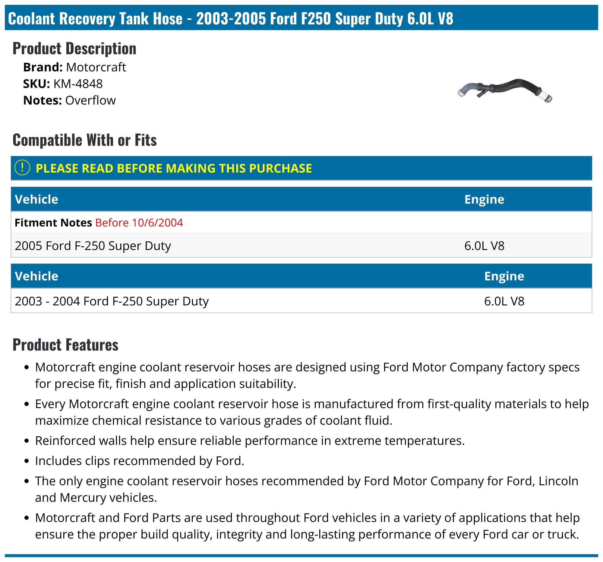 20032005 Ford F250 Super Duty Coolant Breather Pipe Motorcraft KM