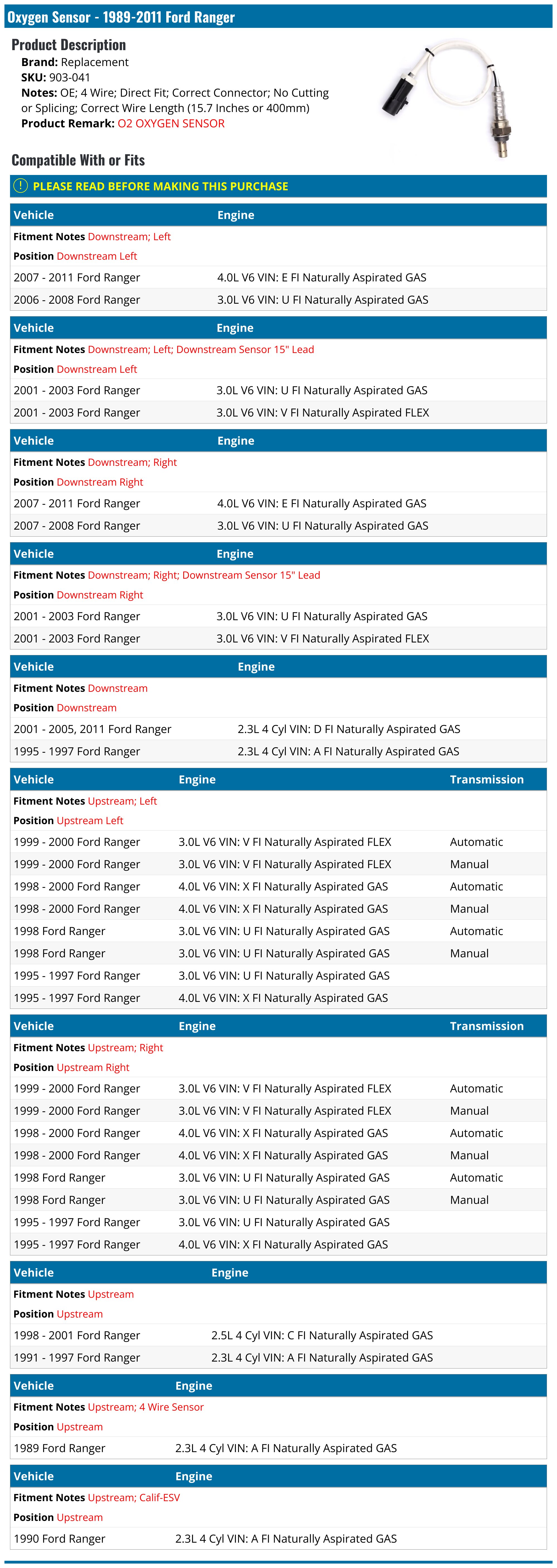 Ford Ranger Oxygen Sensor - O2 Sensor - Bosch Motorcraft DriveBolt TRQ ...