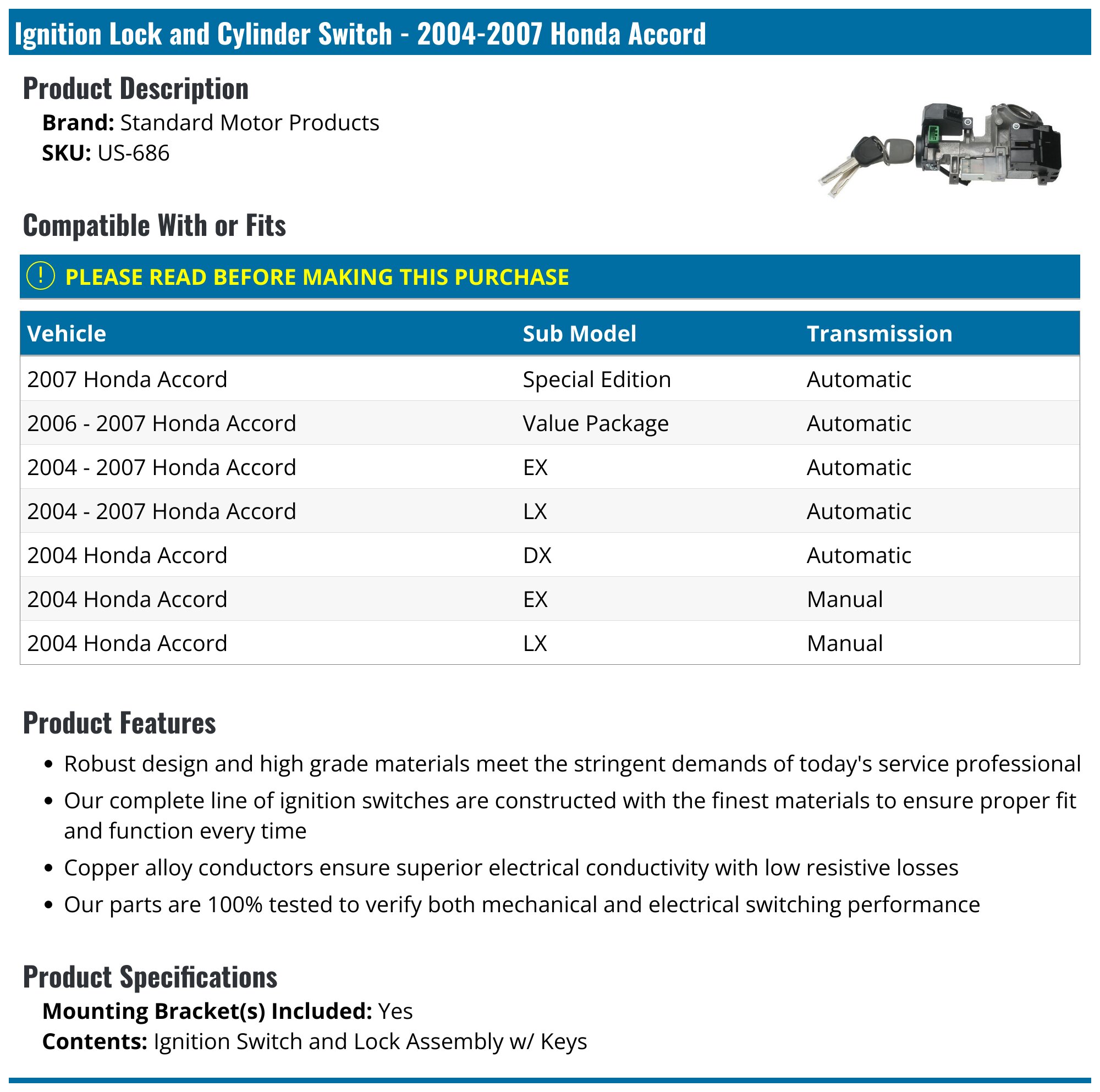 2004-2007 Honda Accord Ignition Switch - Standard Motor Products