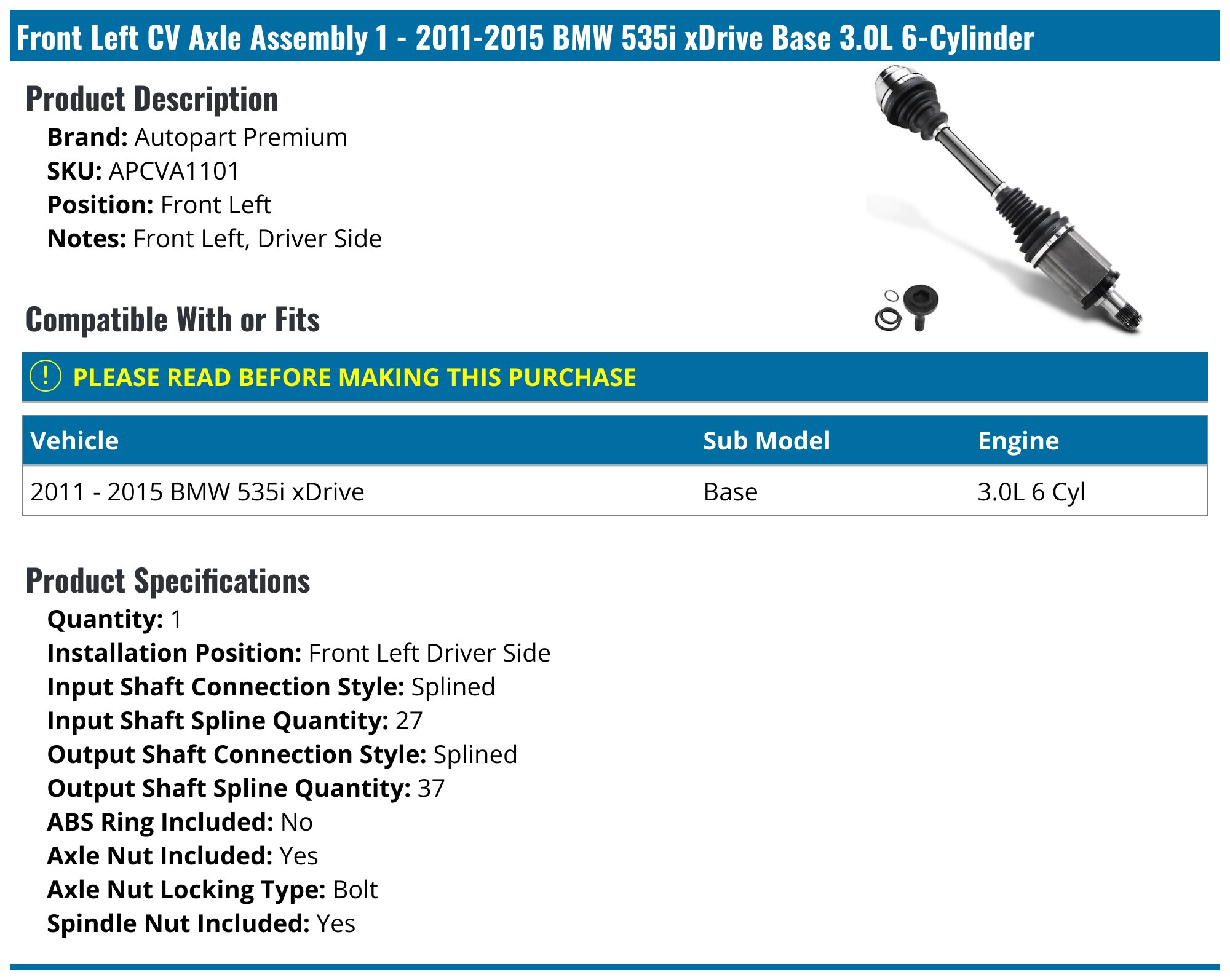 GKN Front Left Axle Shaft – For BMW 535i XDrive 2011-2016, 27823WV, OEM Fit