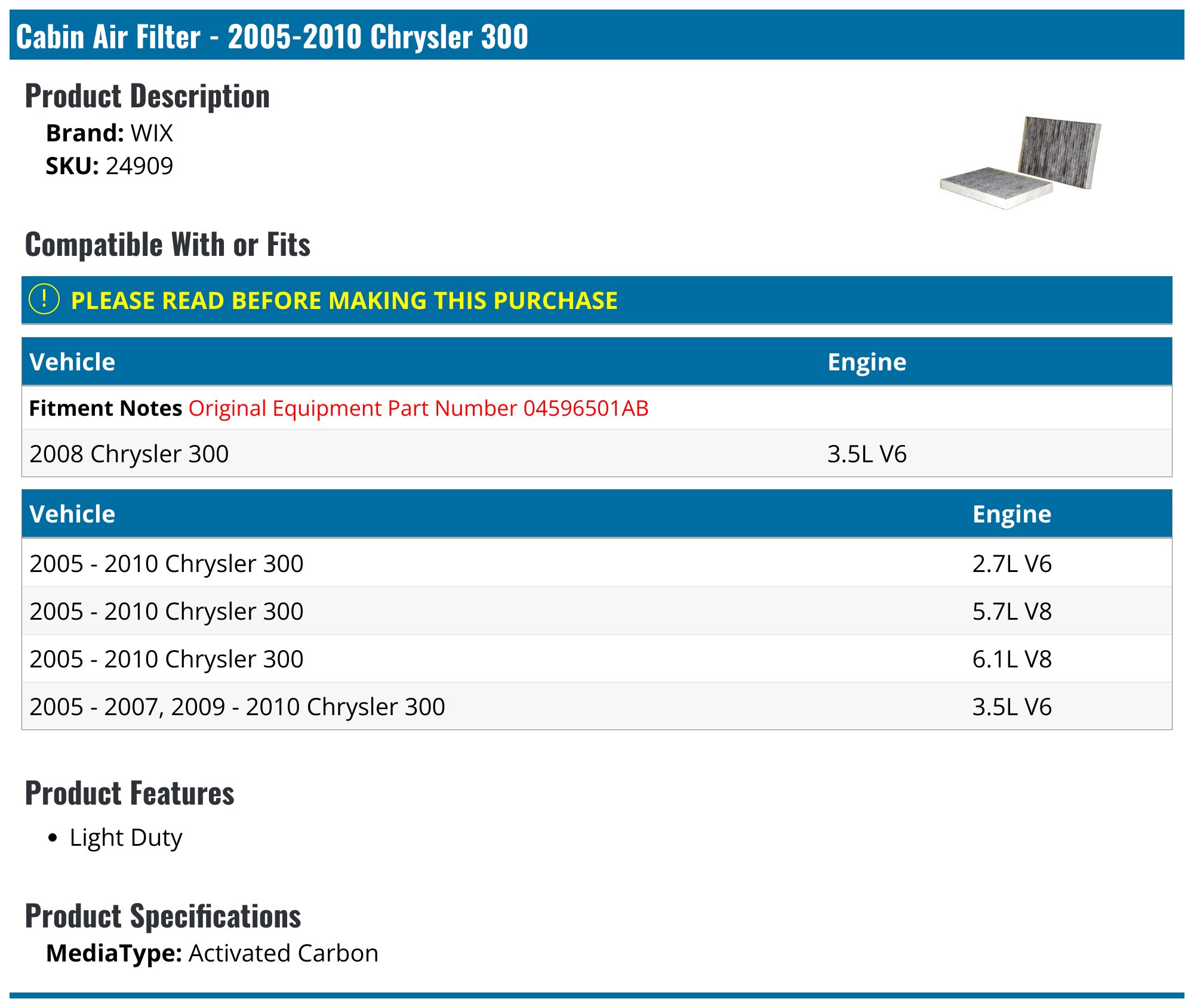 OASF Premium Engine Air Filter – For Chrysler 300 2006-2010 With 3.5L V6