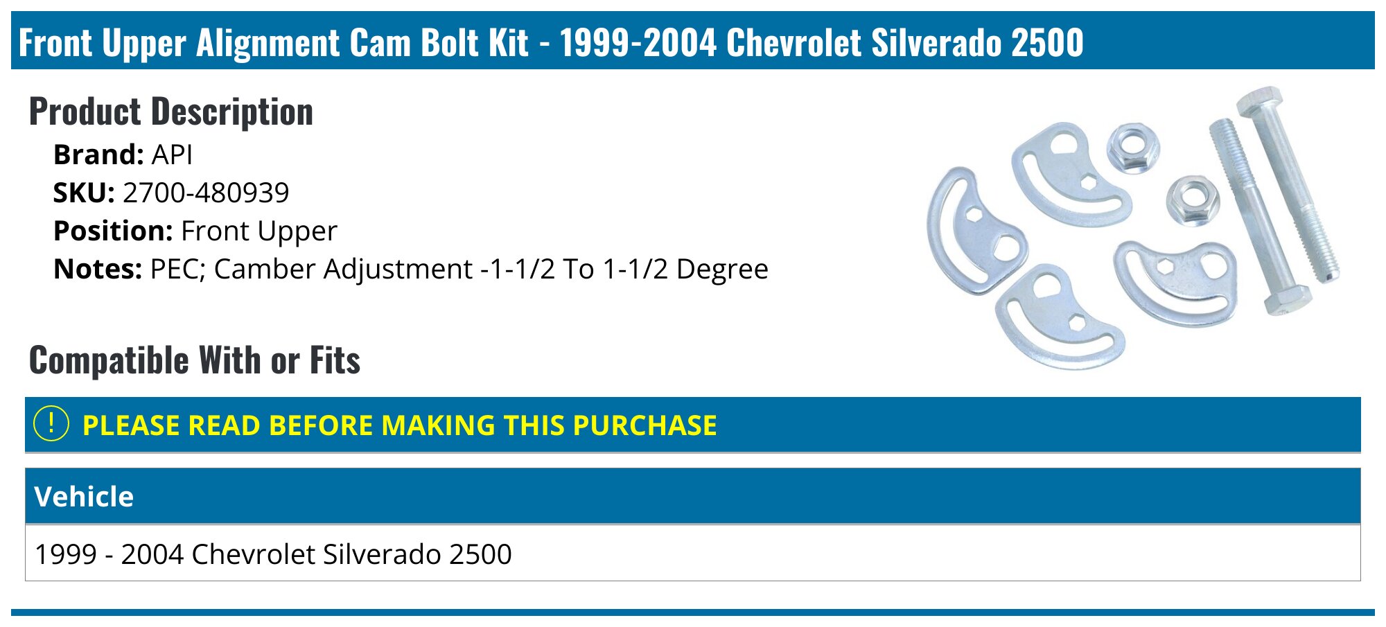 API Alignment Cam Bolt Kit For Chevrolet Silverado 2500 HD – 2001-2010 – Front Upper 49684ZT