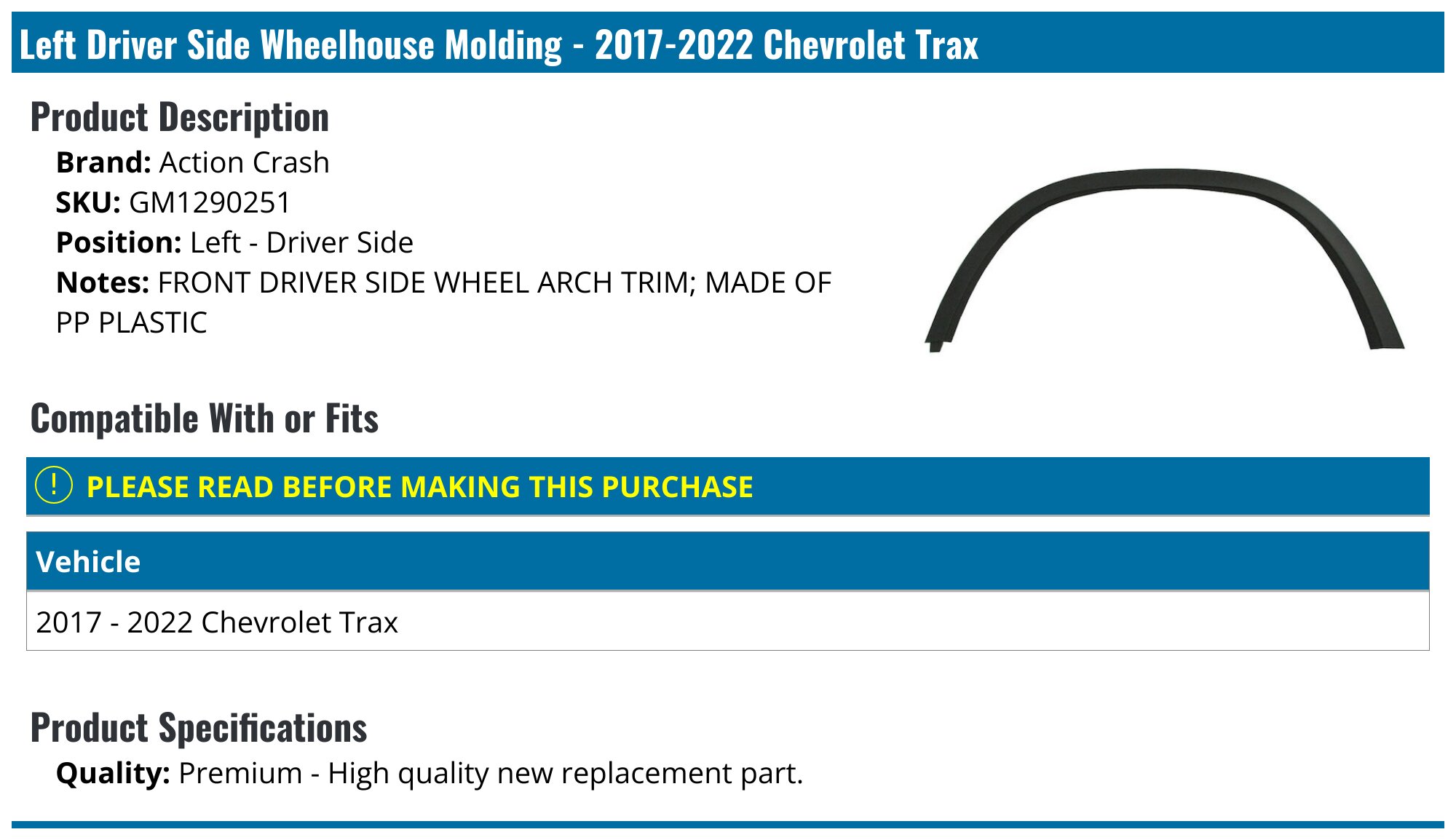 Rear Left Driver Side Fender Flare Trim For 2013-2022 Chevy Trax – Black Plastic Wheel Arch Molding (OEM 95298241)