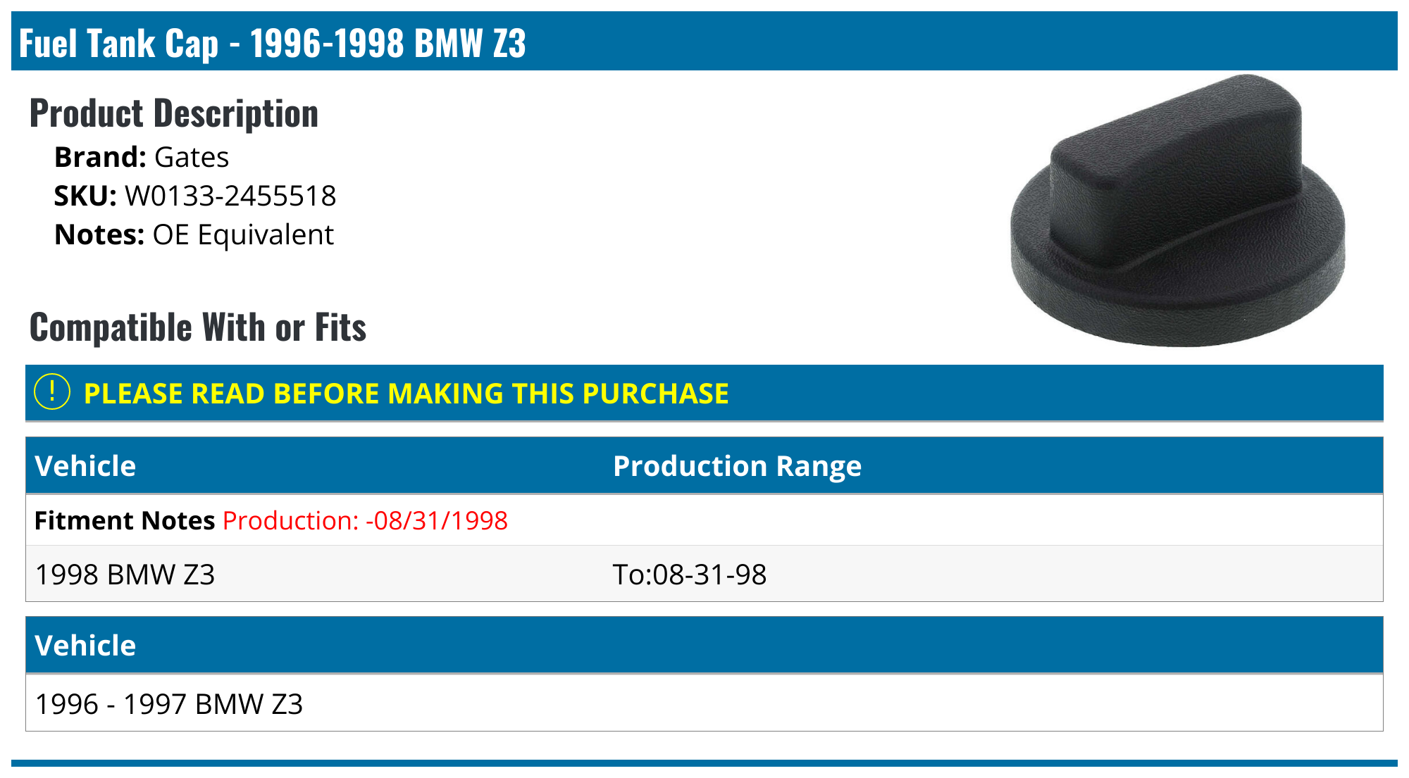 19961998 BMW Z3 Fuel Tank Cap Gates W01332455518