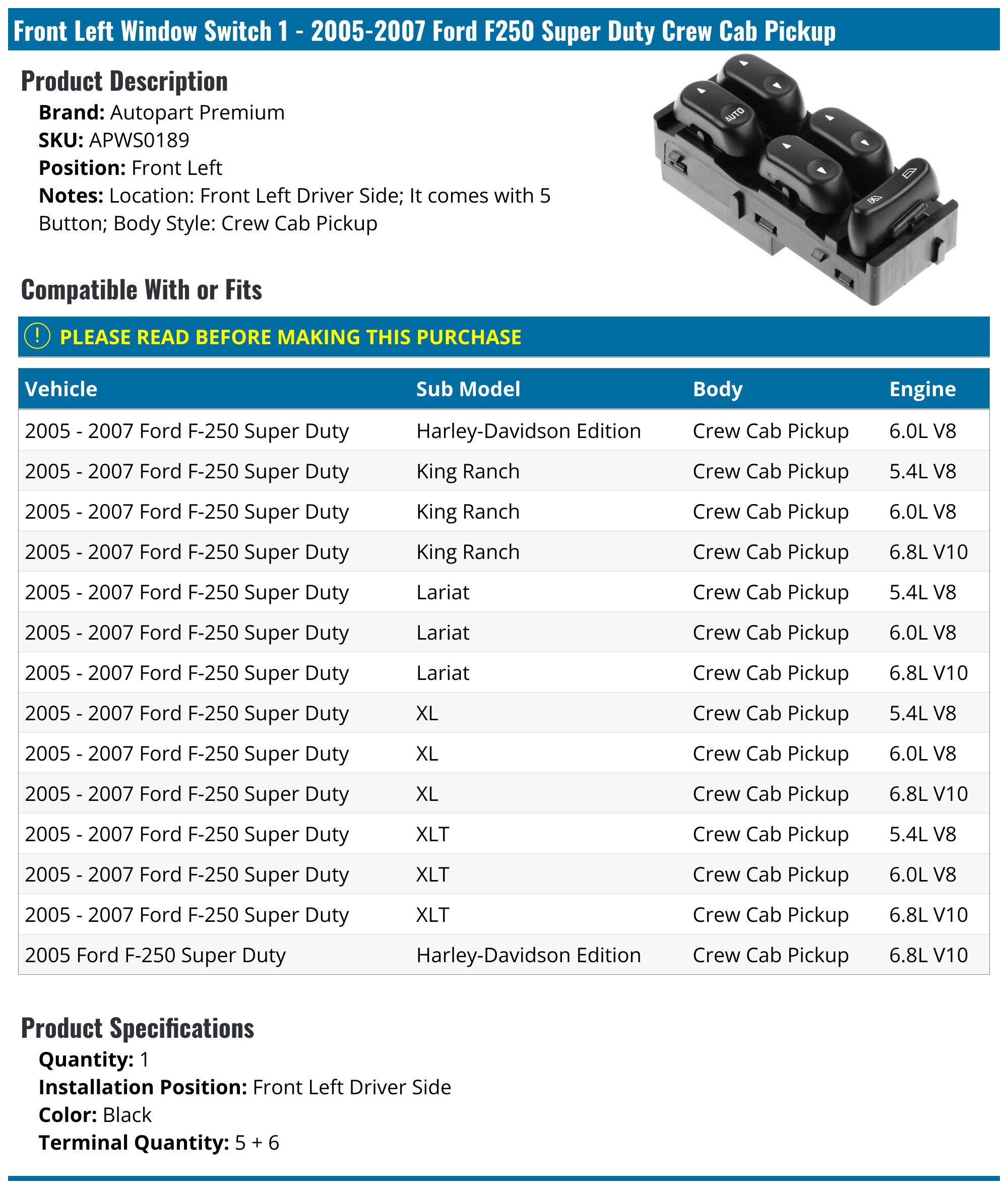 Interrupteur De Vitre électrique Avant Droit Ou Arrière Pour Ford Escape F-250 Super Duty (2007-2019) - Neuf