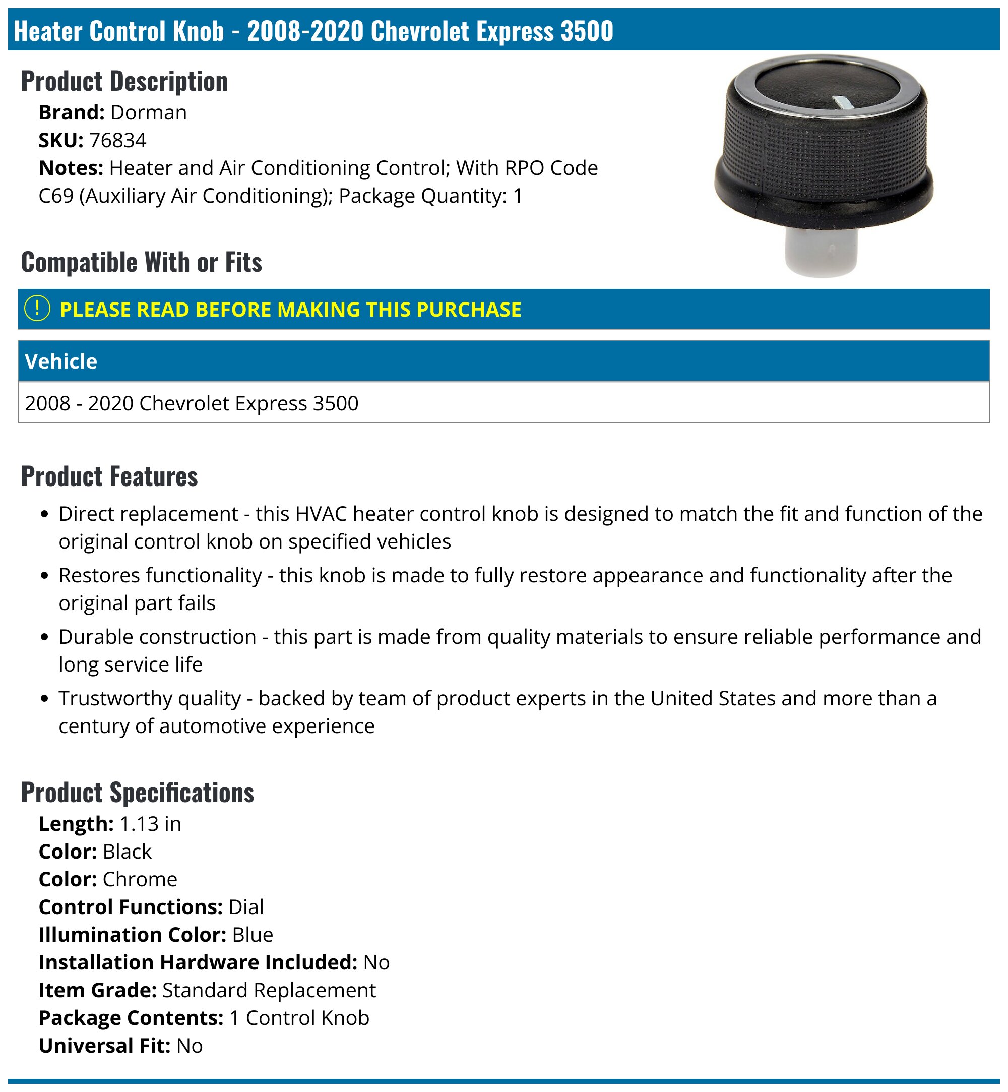 20082020 Chevrolet Express 3500 Heater Control Knob Dorman 76834