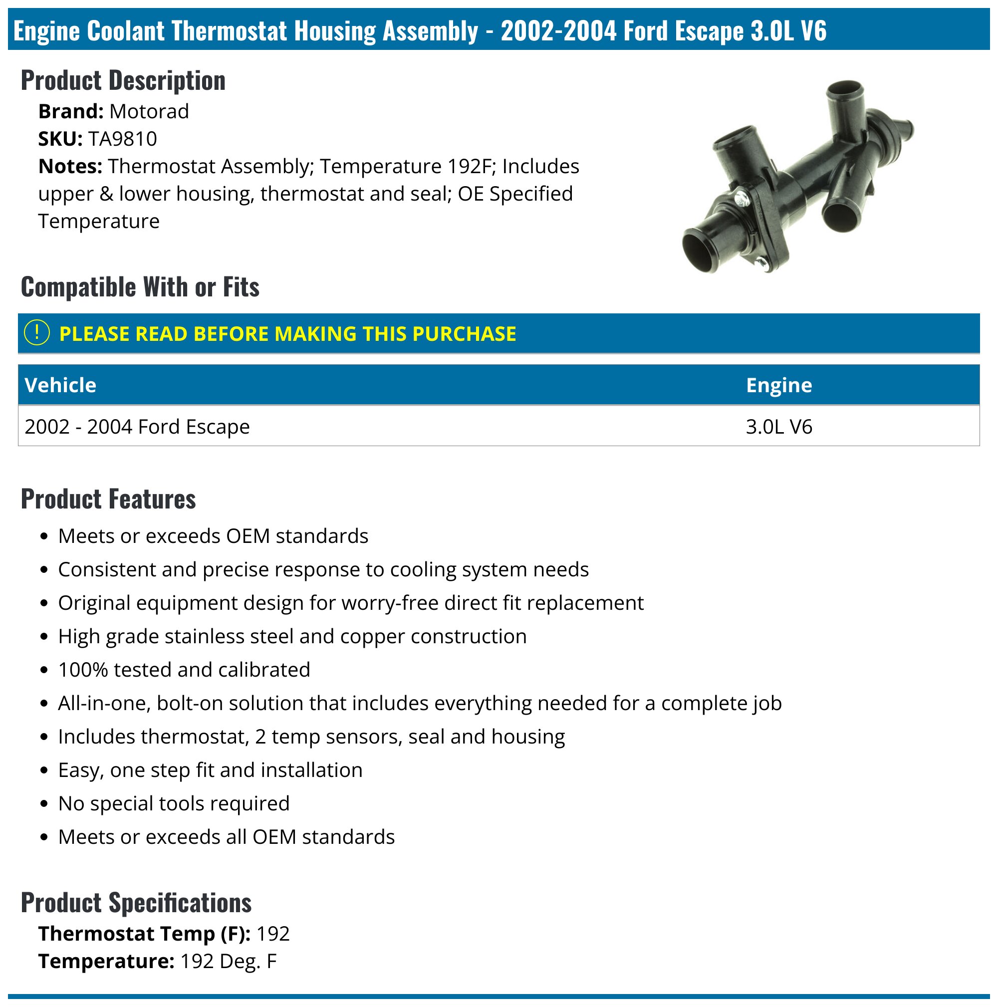 For Ford Escape 3.0L 2001-2004 Engine Coolant Thermostat Housing