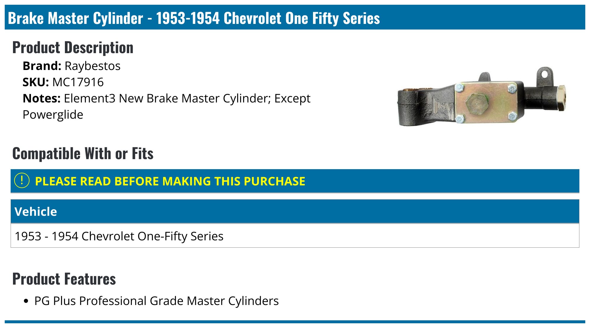 Kit De Cylindre Maître EIS Neuf NOS (New Old Stock) - Référence XXX 19421 5455662 Pour Chevrolet GMC 1956-1957