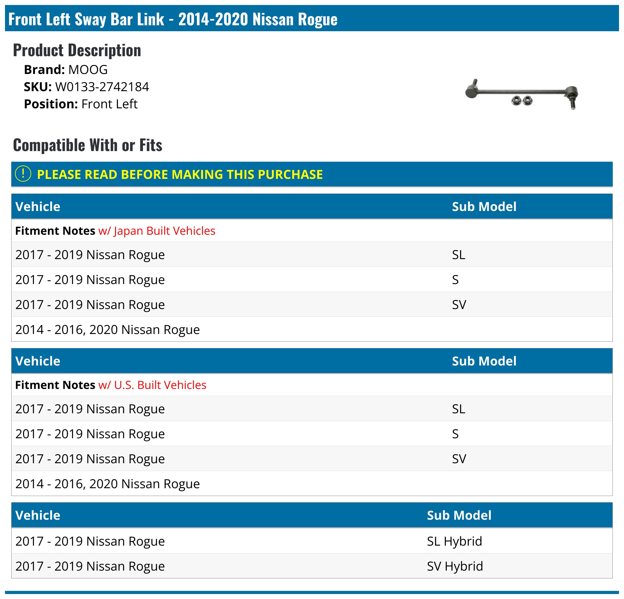 Nissan Rogue Sway Bar Link - Sway Bar Links - Moog Mevotech Sankei