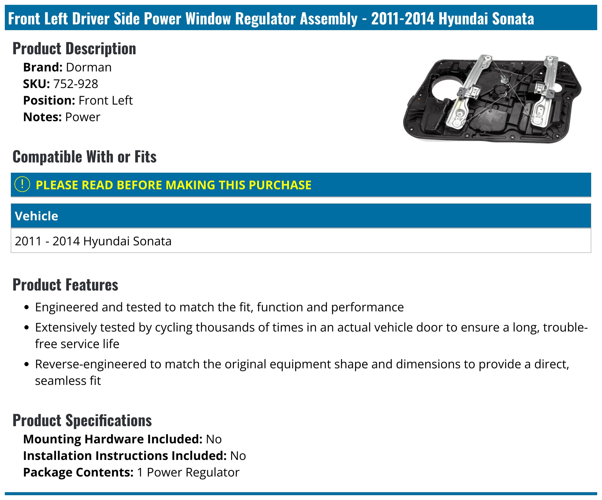 Front Right Passenger Power Window Regulator for Hyundai Sonata 2011 2012-2014