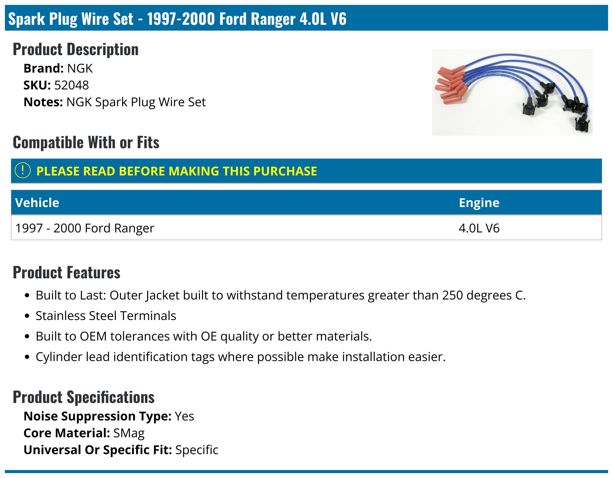 1997-2000 Ford Ranger Spark Plug Wire Set - NGK 52048 - PartsGeek.com