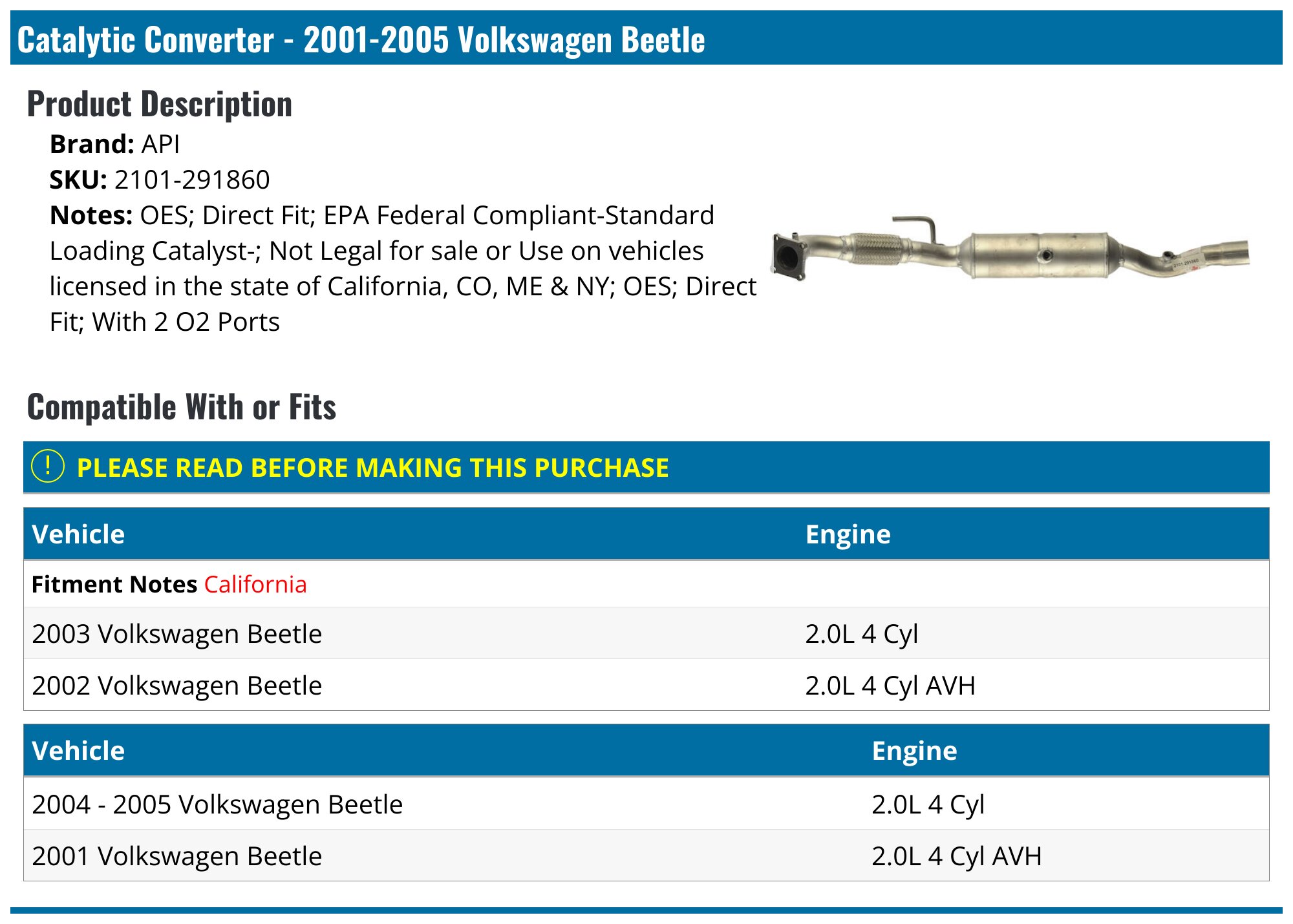 KYX EPA-Compliant Catalytic Converter For Volkswagen Beetle 2.0L (2001-2005) – Direct Fit Stainless Steel
