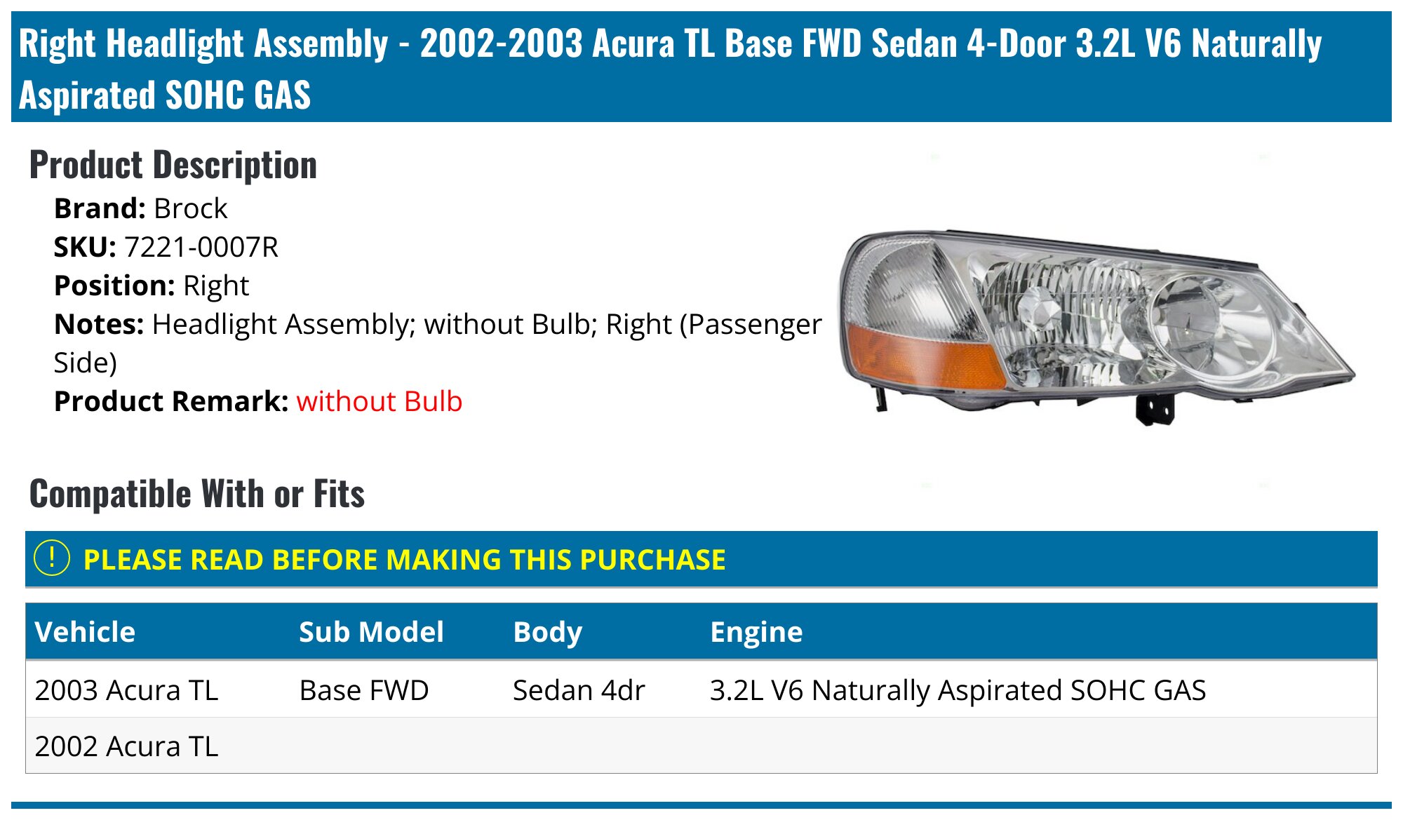2002-2003 Acura TL Headlight Assembly - Brock 7221-0007R - Right -  PartsGeek.com, image size:2000x1169