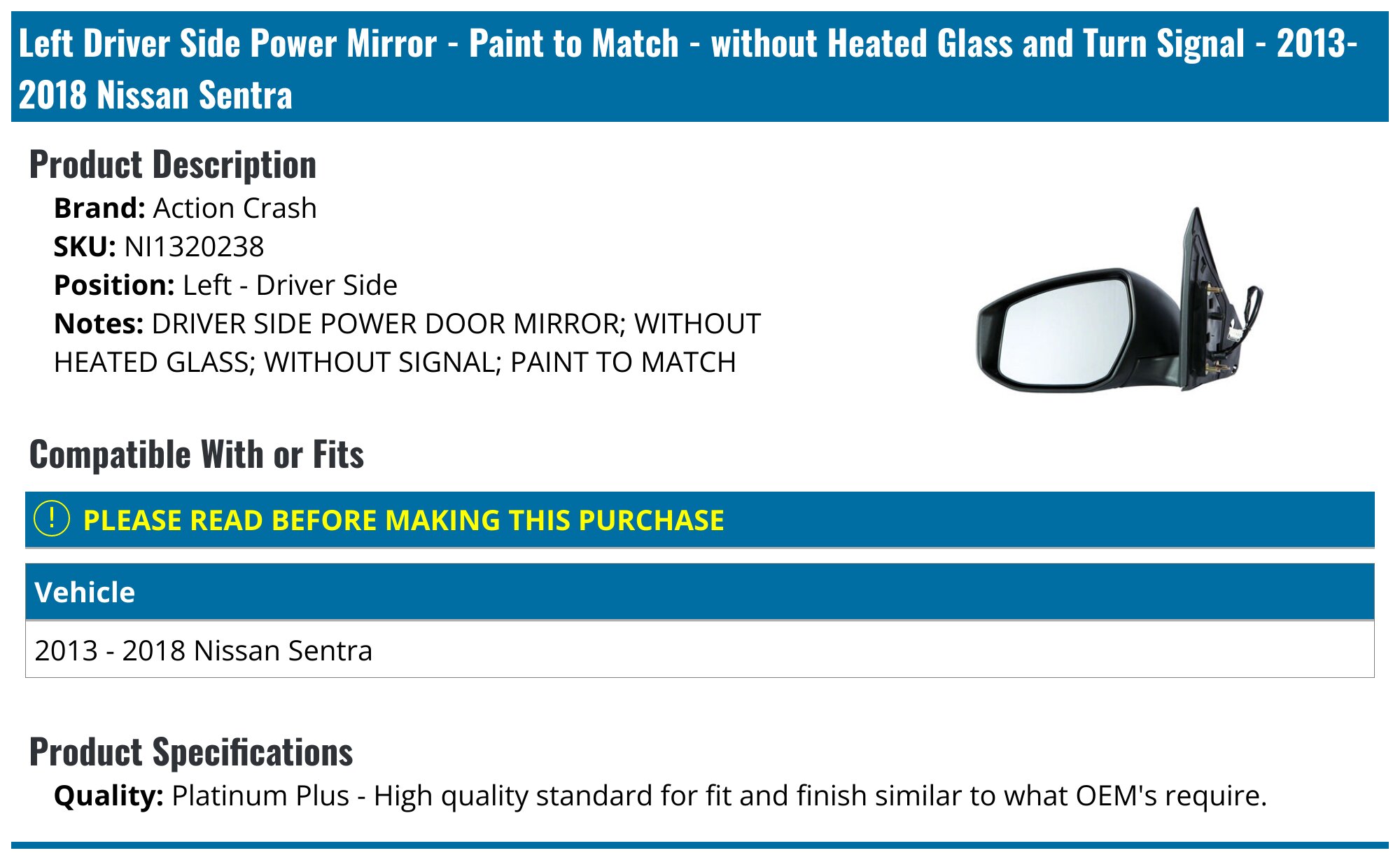 Glossy Black Side Mirror Cover Trim For Nissan Sentra Sedan 2013-2019 (No Signal)