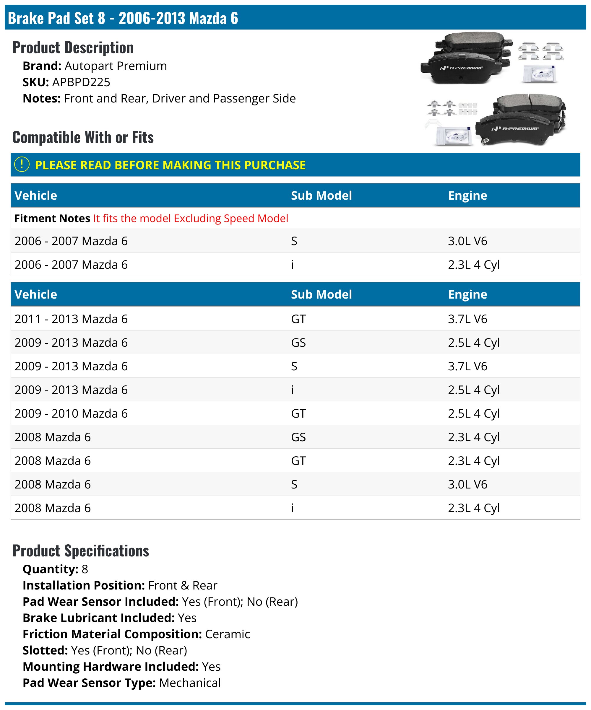 Front Ceramic Brake Pad for 2005 2006 2007 2008 2009 2010 Kia Sportage 2.0L 2.7L