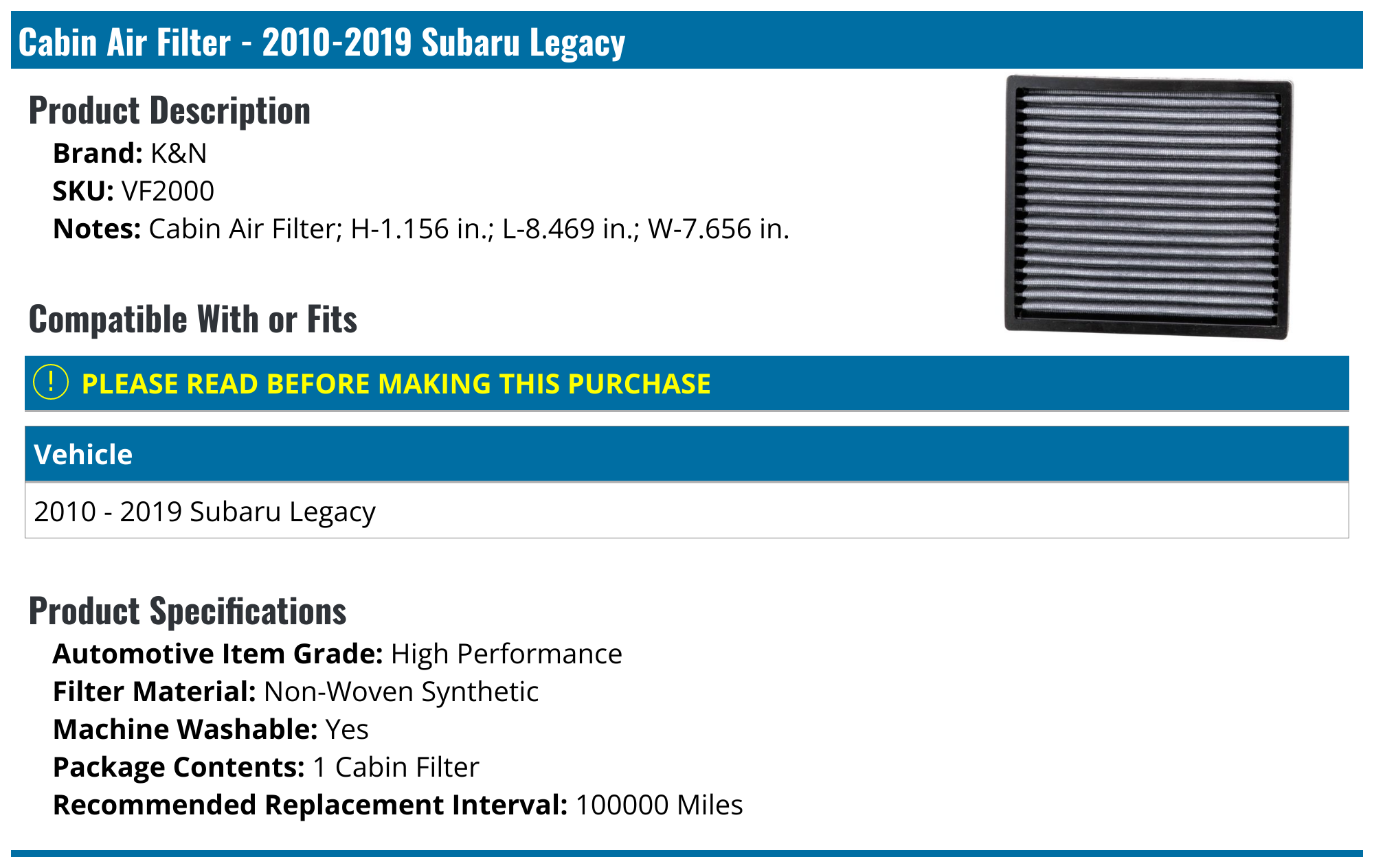 20102019 Subaru Legacy Cabin Air Filter K&N VF2000
