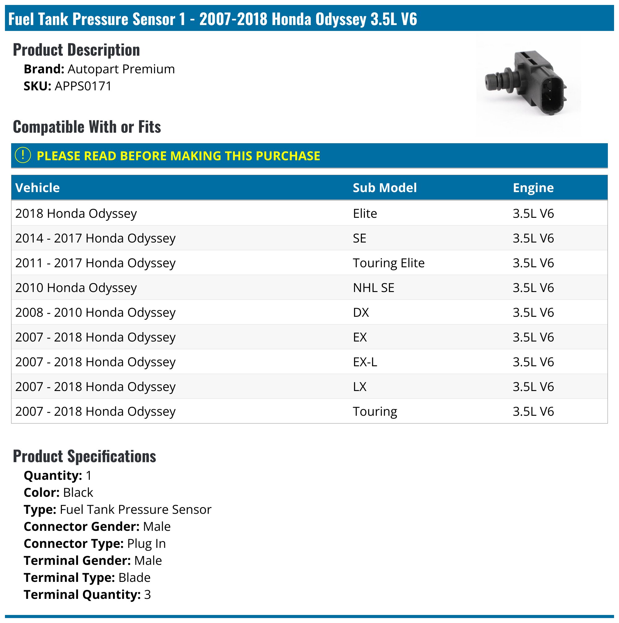 20072018 Honda Odyssey Fuel Tank Pressure Sensor Autopart Premium APPS0171