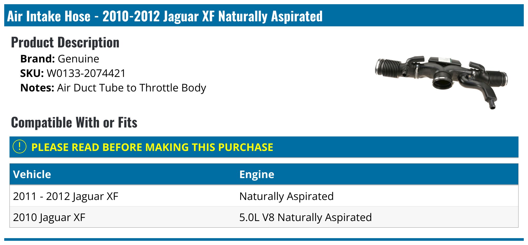 R Performance Intake Tube Pipe Kit For Jaguar XF 5.0L Naturally Aspirated 2010-2013