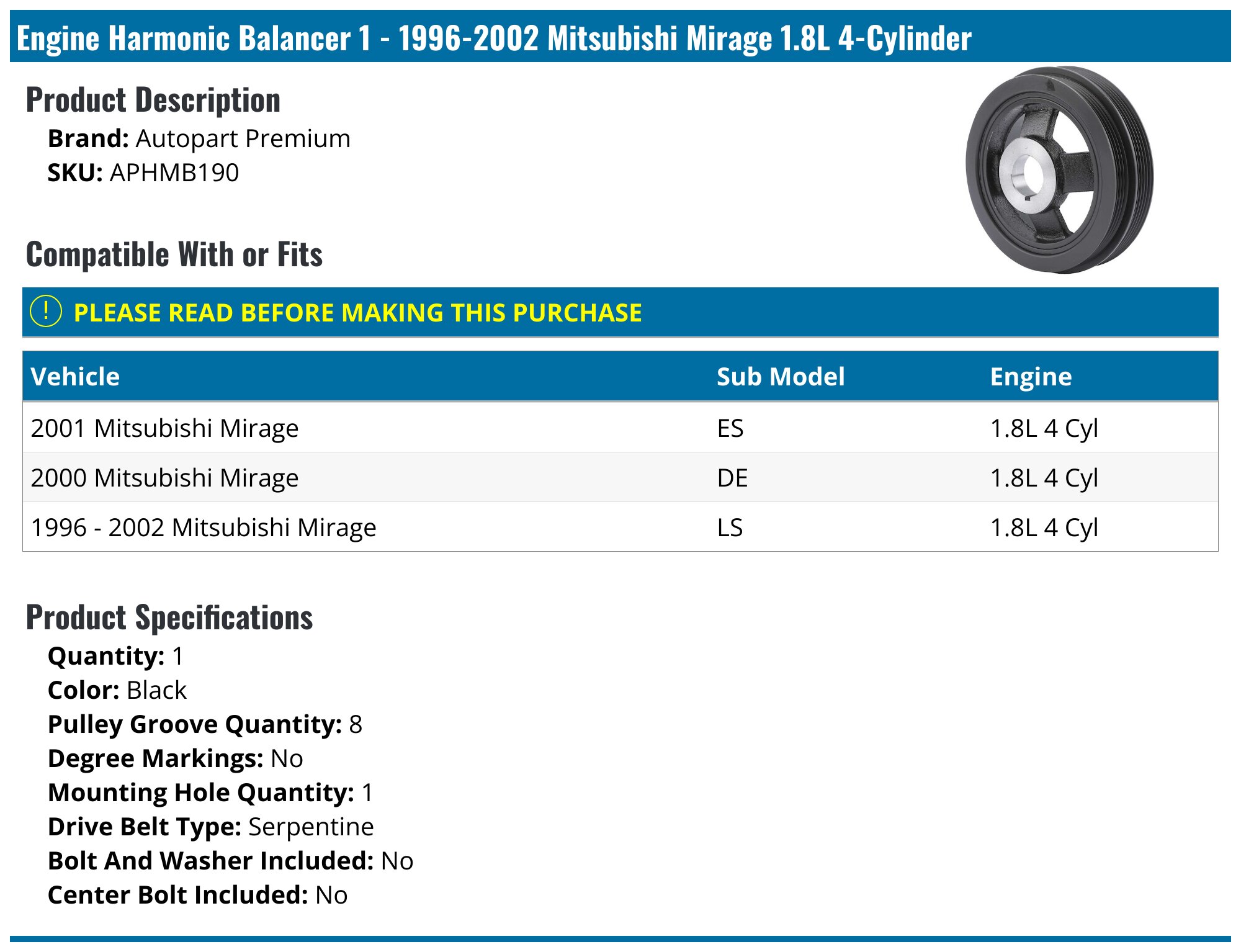 Crankshaft Pulley Harmonic Balancer For Mitsubishi Mirage 1.5L 1997-2002 – Direct Fit