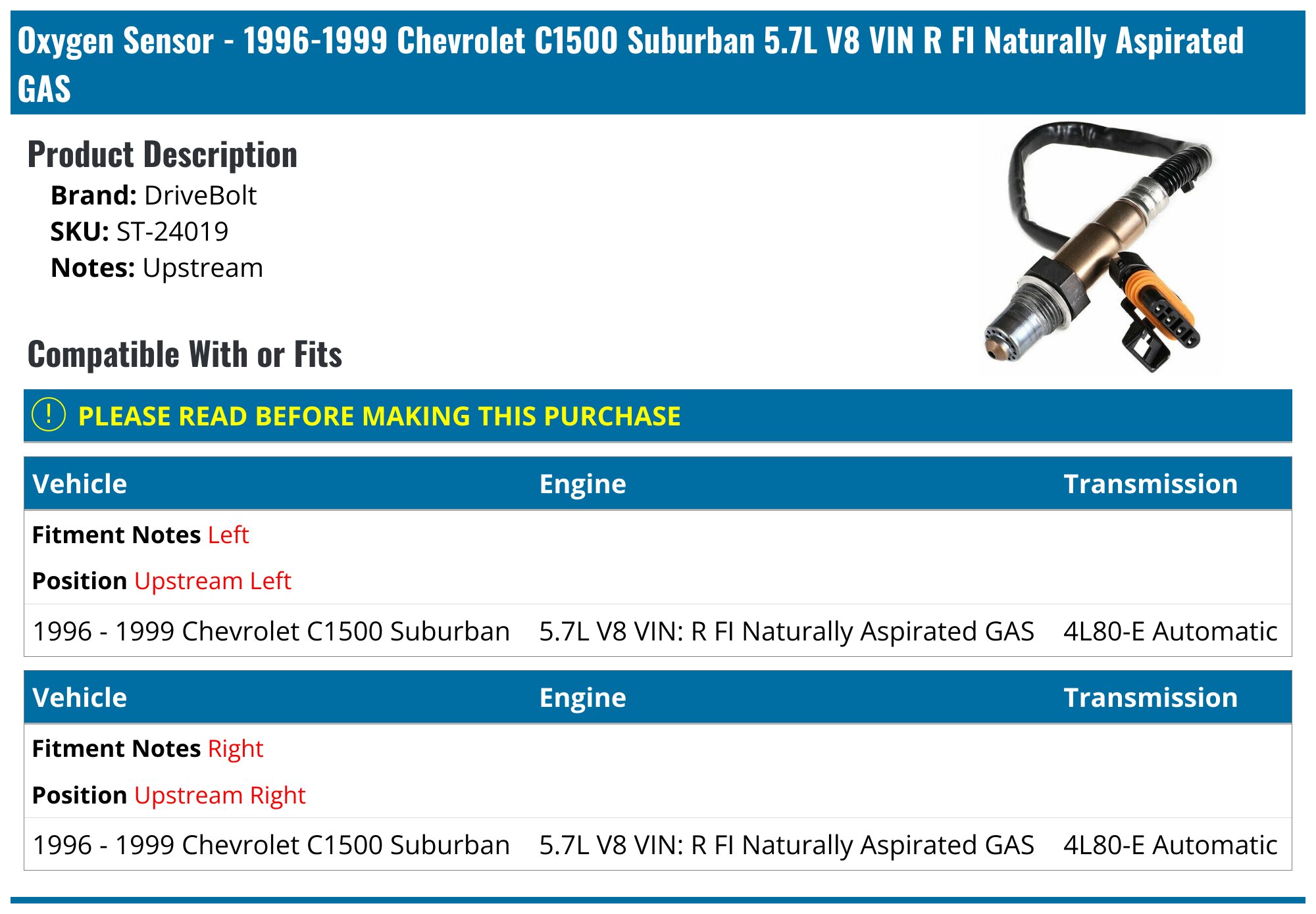 Chevrolet C1500 Suburban Oxygen Sensor - O2 Sensor - Replacement TRQ AC ...