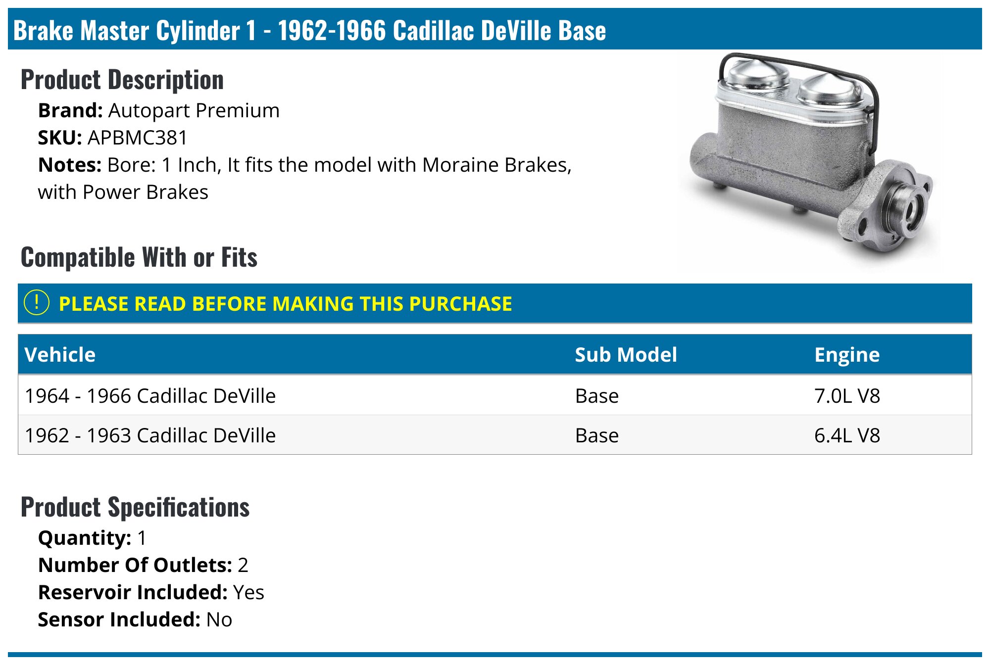 1962-1966 Cadillac DeVille Brake Master Cylinder - Autopart