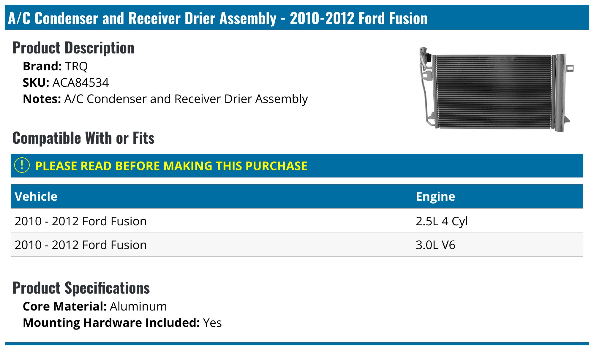 AC Condenser With Receiver Dryer For Ford Fusion & Lincoln - AM Autoparts, 10-Year Warranty