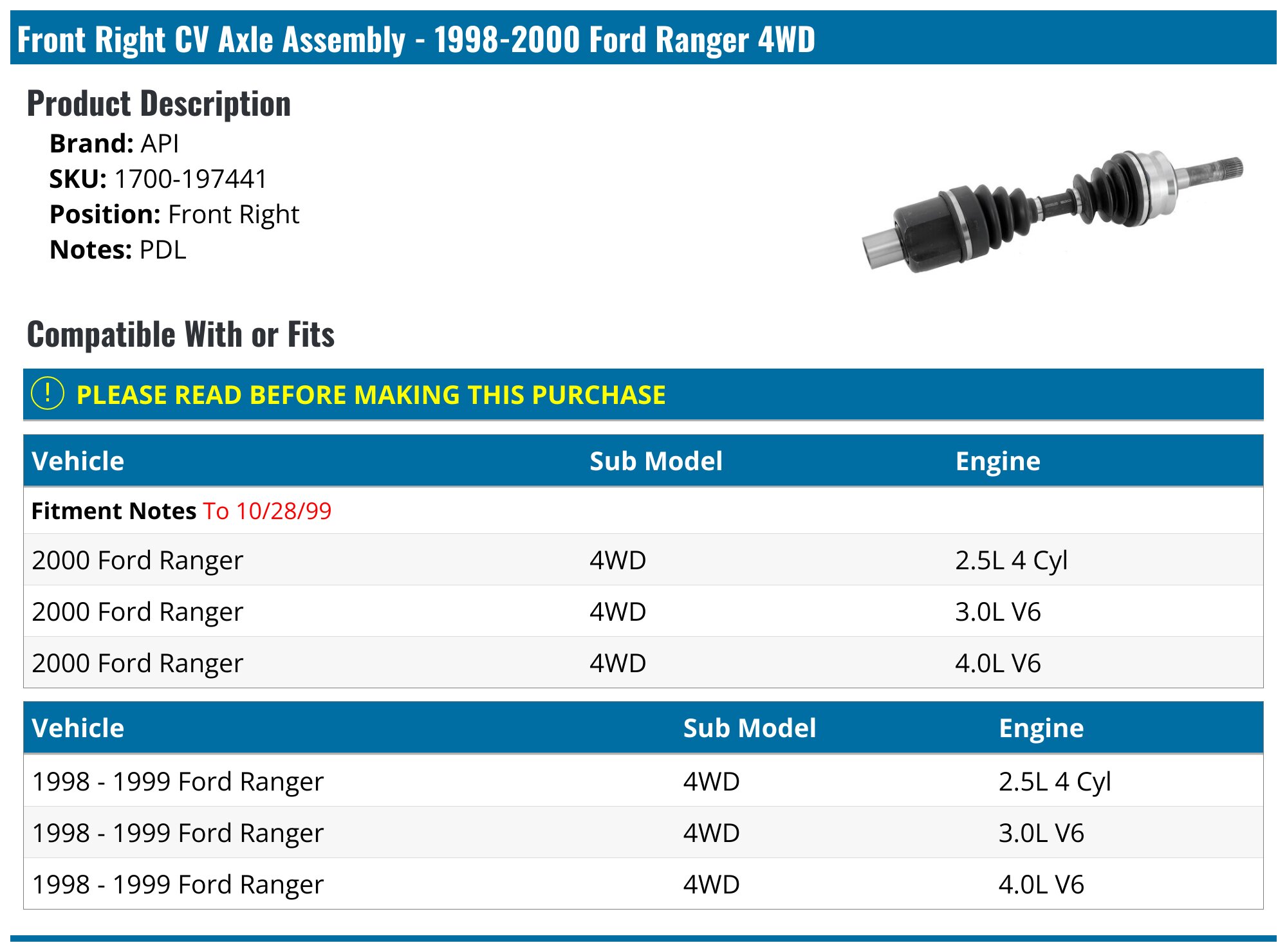 1998-2000 Ford Ranger Axle Assembly - API 5529-07819333 - Front Right ...