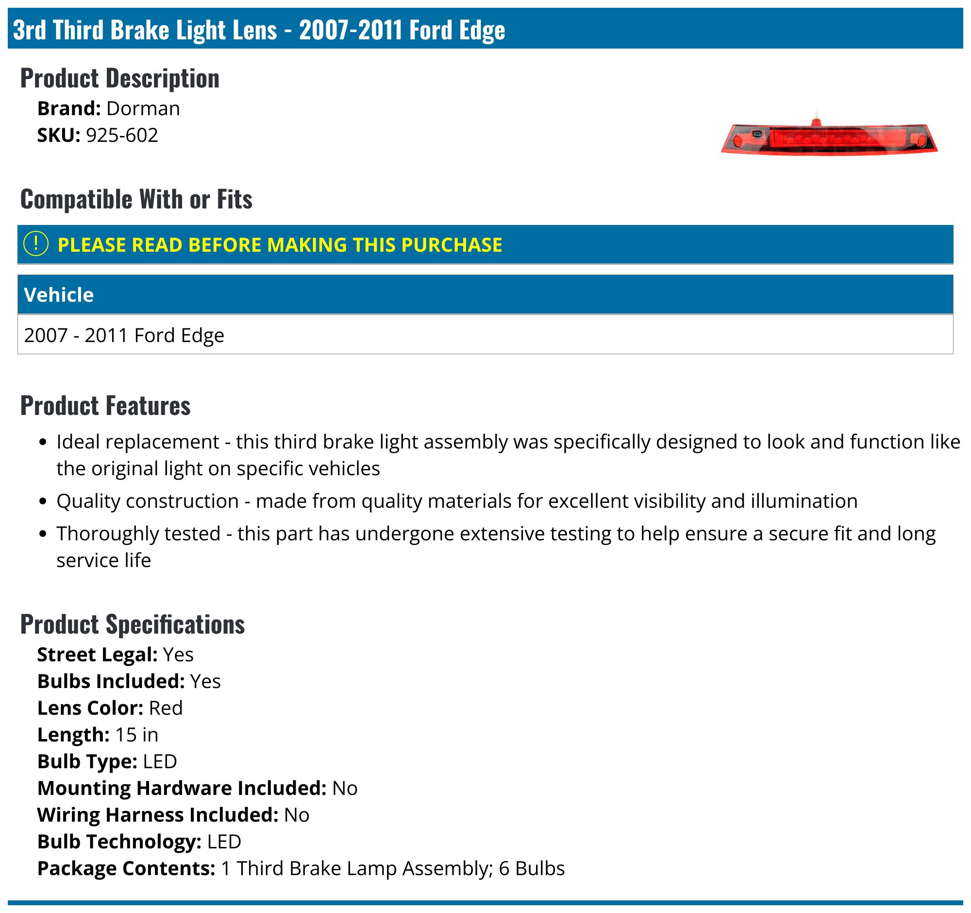 Dorman - 925-602 - Third Brake Light Assembly, image size:2000x1879
