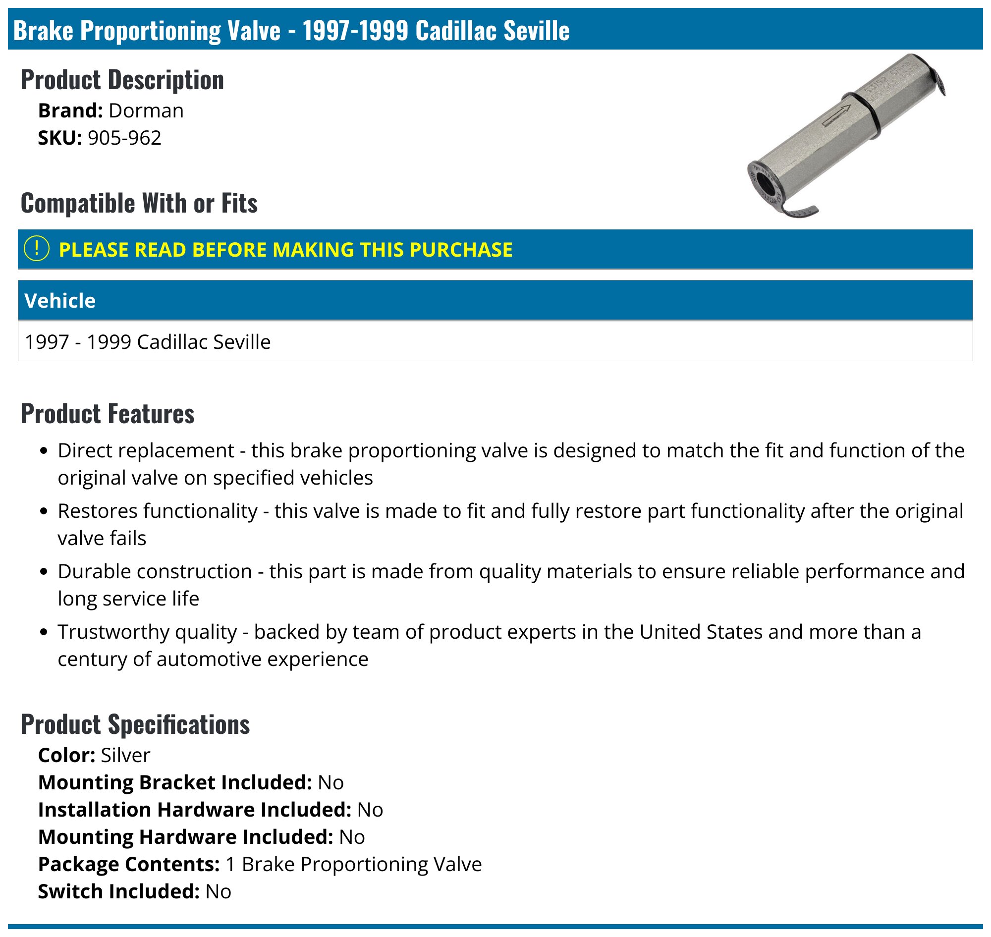 19971999 Cadillac Seville Brake Proportioning Valve Dorman 905962