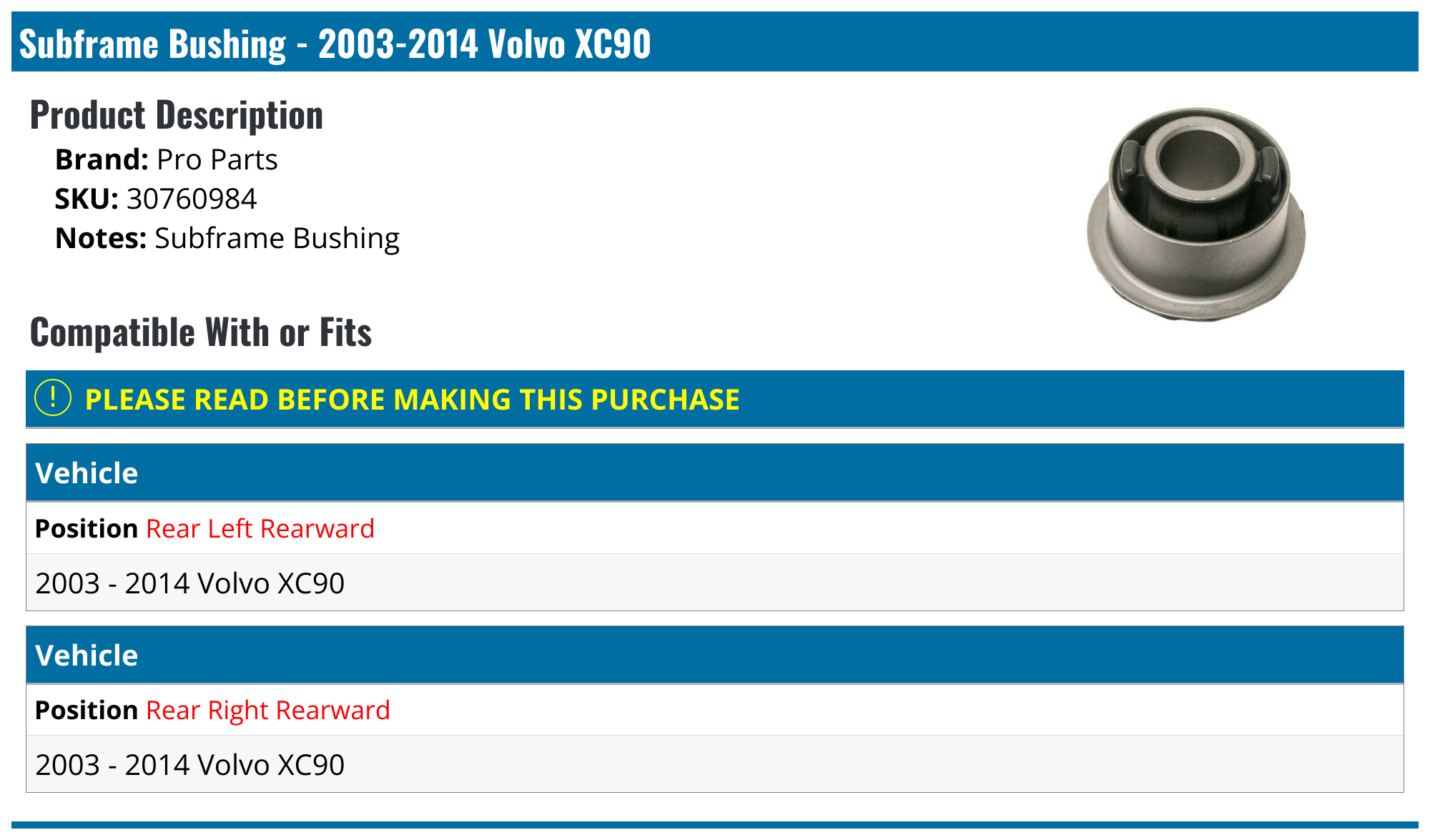 20032014 Volvo XC90 Subframe Bushing Pro Parts 30760984 Rear Right