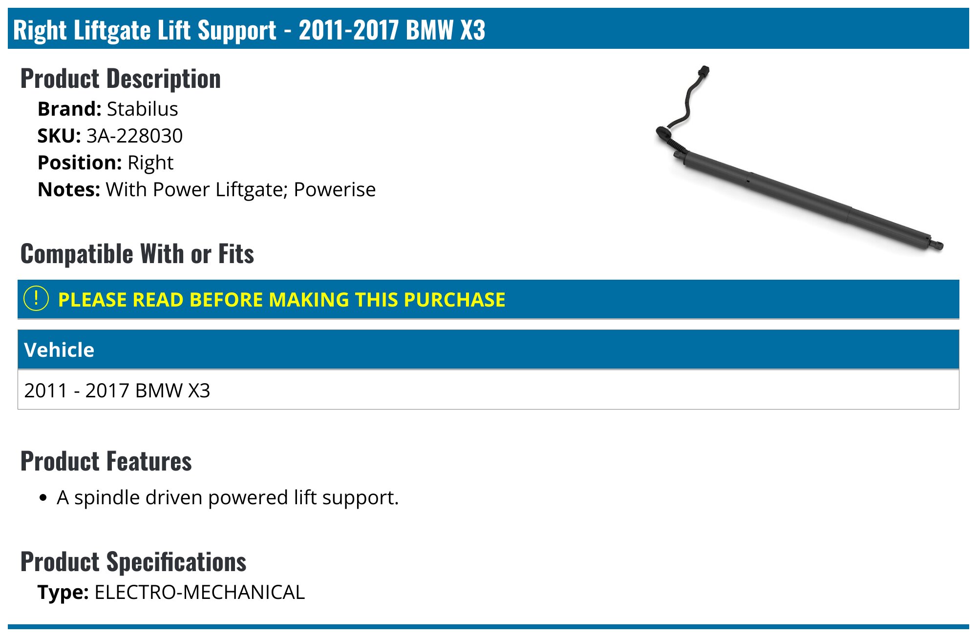 2011-2017 BMW X3 Hatch Strut - Stabilus 3A-228030 - Right 