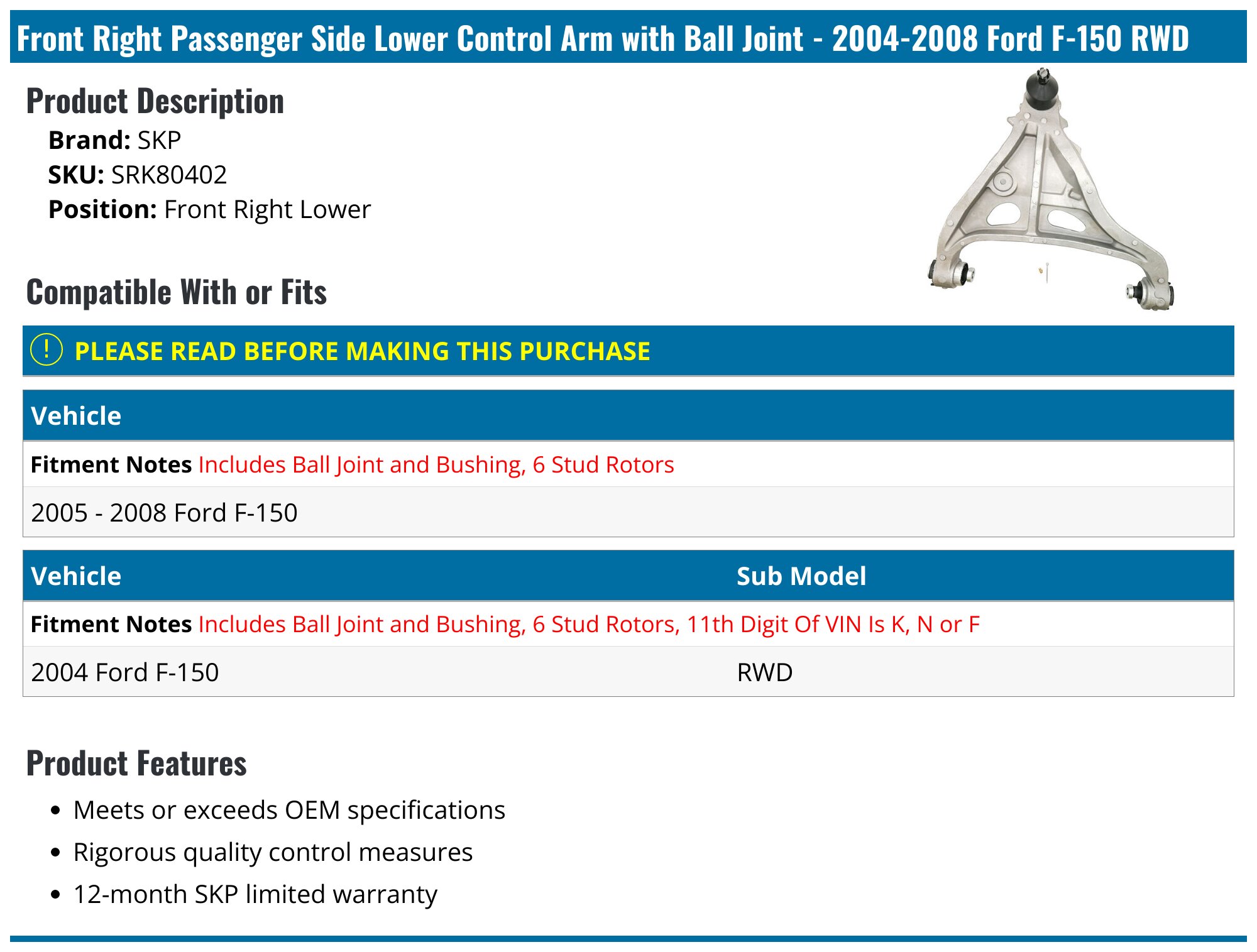 Control Arms Front Pasr Right Lower for F150 for Truck With Ball Joint (S
