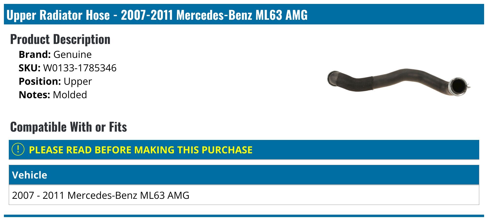 Genuine Mercedes-Benz Upper Radiator Hose – W211 E63 AMG / W219 CLS63 AMG – 2115018882