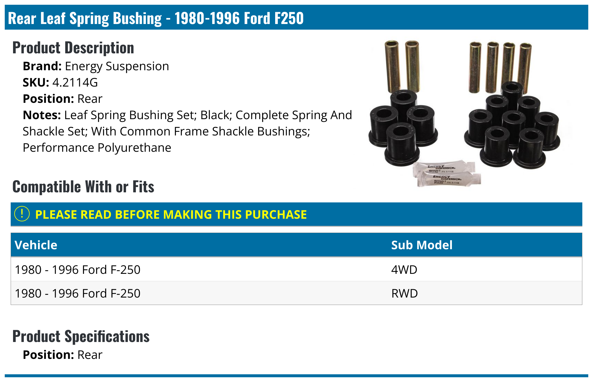 19801996 Ford F250 Leaf Spring Bushing Energy Suspension 4.2114G