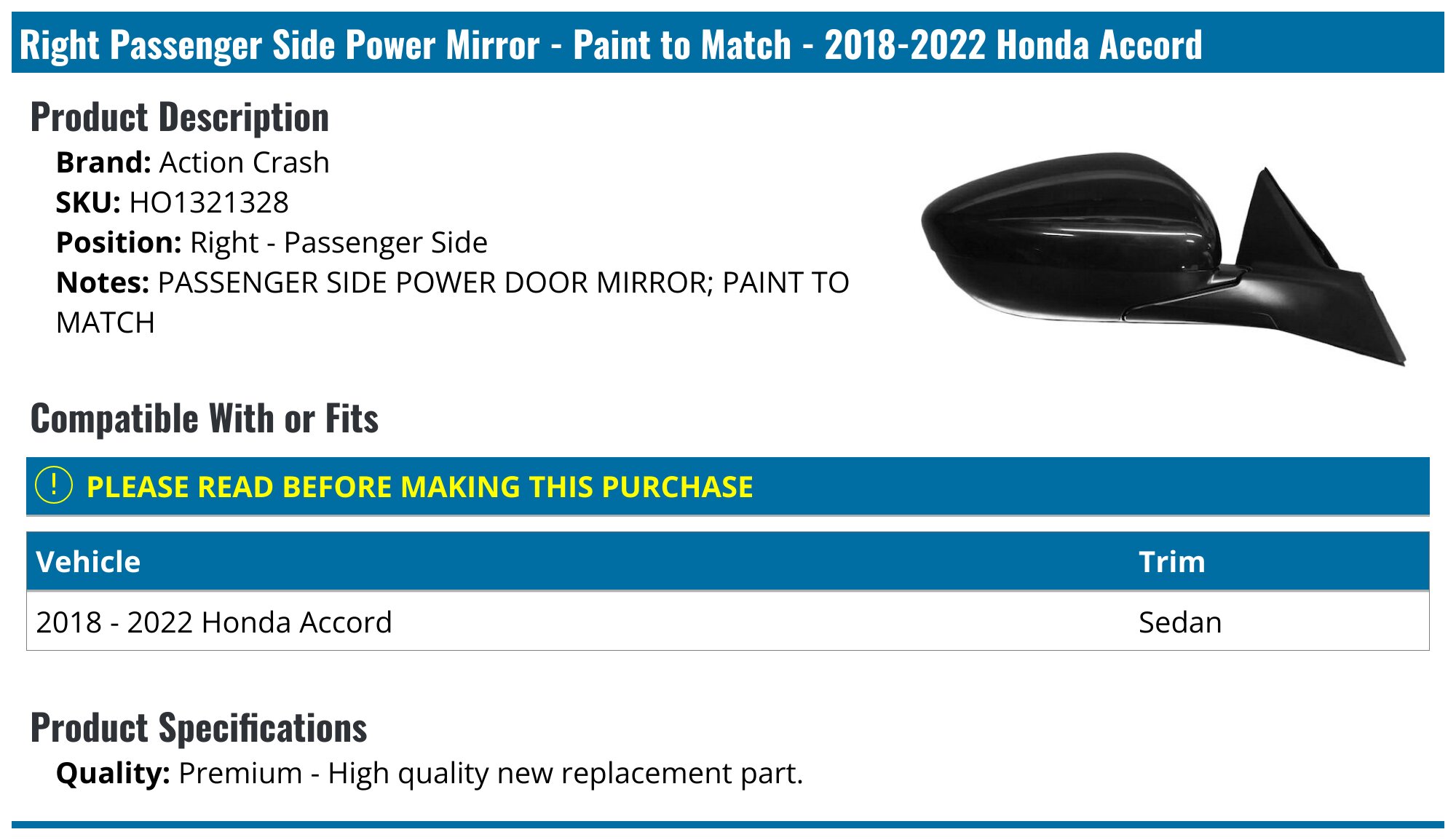 CHEDA Power Mirror Pair For 2018-2022 Honda Accord 1.5L - Black Direct Replacement