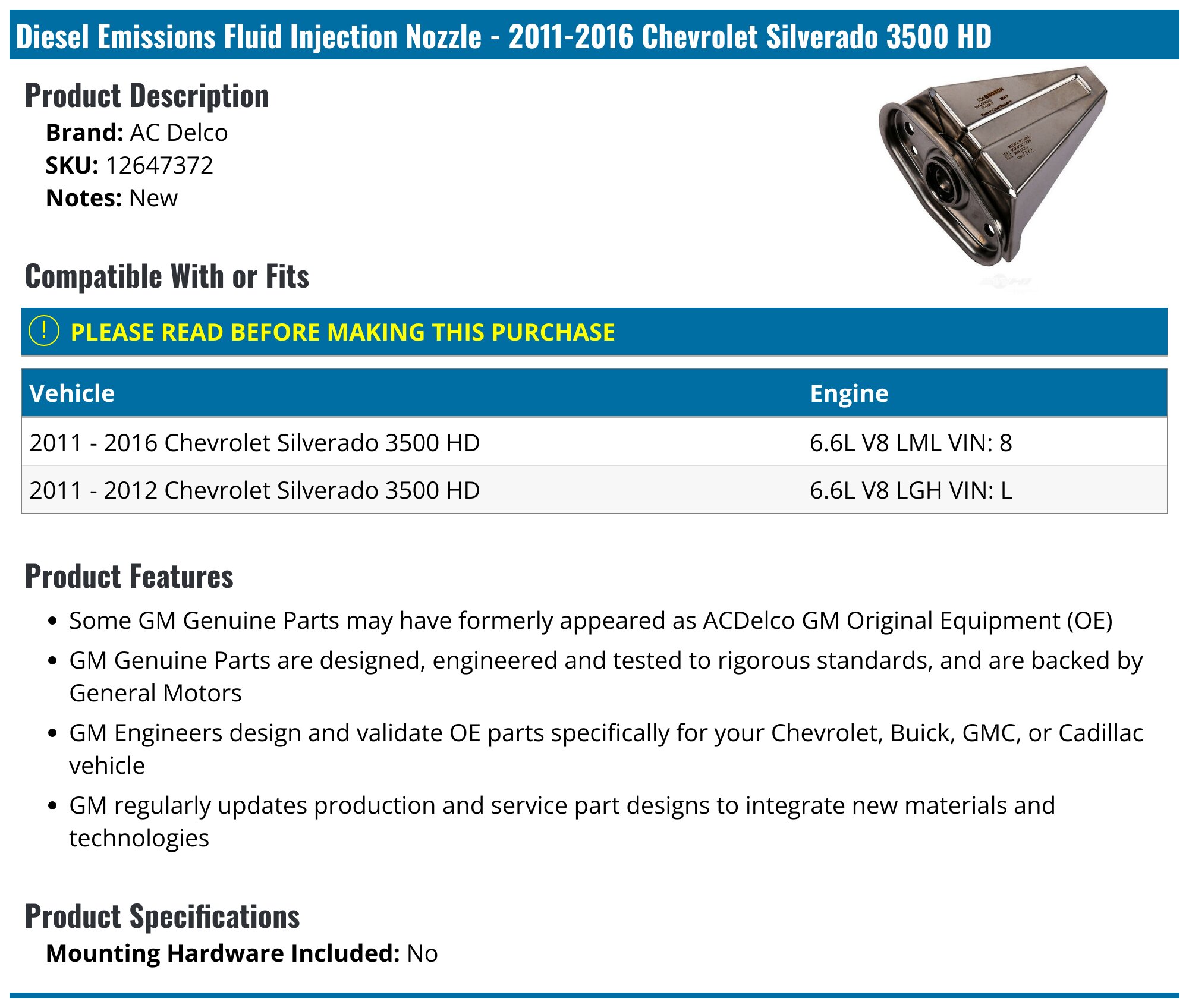 2011-2016 Chevrolet Silverado 3500 HD Diesel Emissions Fluid Injection ...